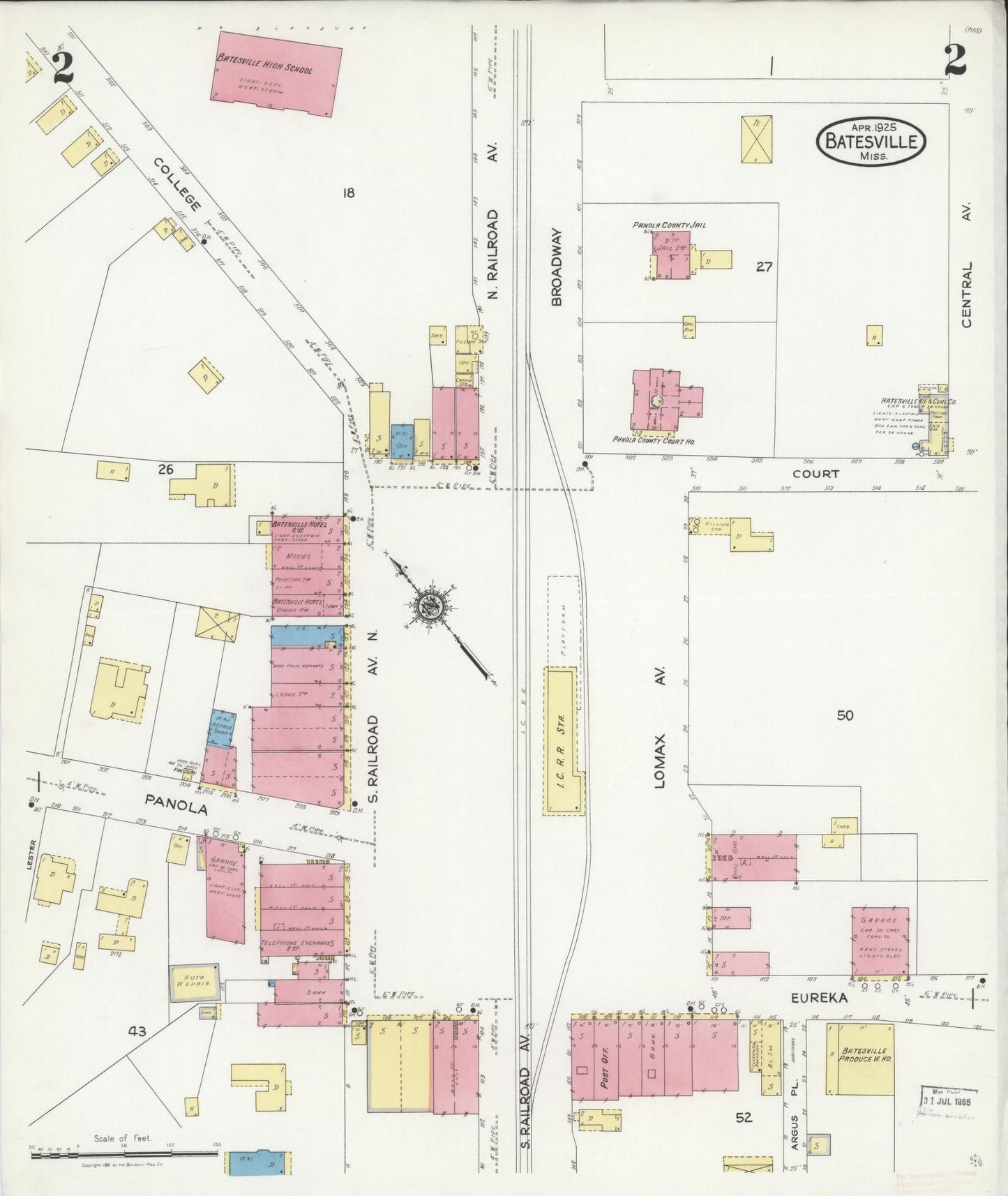 Sanborn Fire Insurance Map from Batesville, Panola County, Mississippi (1925), Sheet #0002 - Historic Sanborn Fire Insurance Map Print, vintage old map wall art, antique decor, genealogy gift, Mississippi Mississippi map