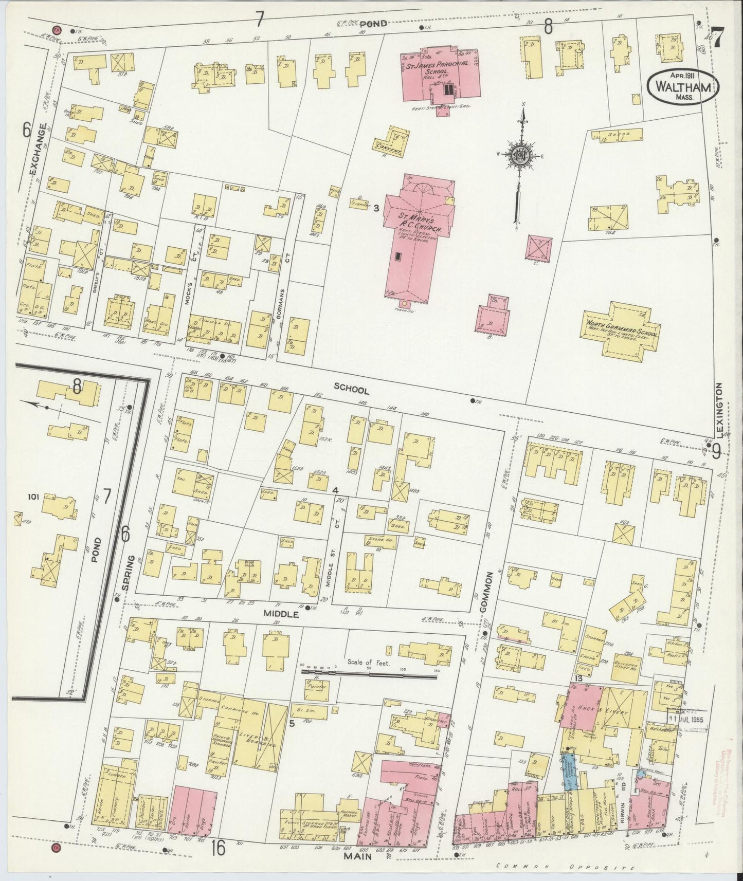Sanborn Fire Insurance Map from Waltham, Middlesex County, Massachusetts (1911), Sheet #0007 - Historic Sanborn Fire Insurance Map Print, vintage old map wall art, antique decor, genealogy gift, Massachusetts Massachusetts map