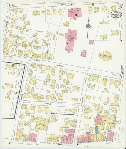 Sanborn Fire Insurance Map from Waltham, Middlesex County, Massachusetts (1911), Sheet #0007 - Historic Sanborn Fire Insurance Map Print, vintage old map wall art, antique decor, genealogy gift, Massachusetts Massachusetts map