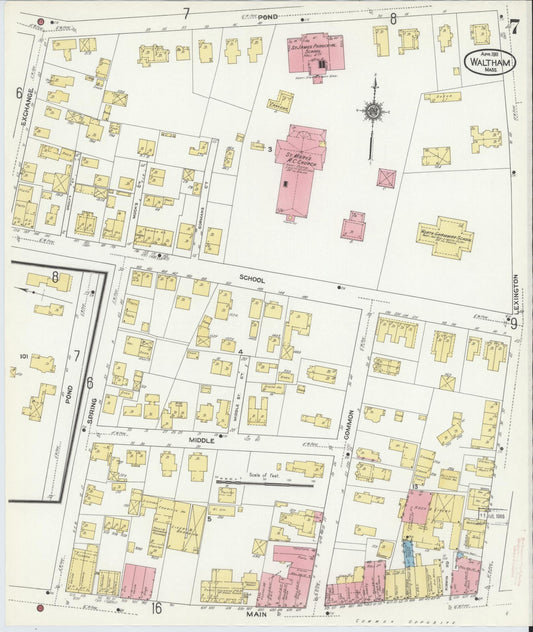 Sanborn Fire Insurance Map from Waltham, Middlesex County, Massachusetts (1911), Sheet #0007 - Historic Sanborn Fire Insurance Map Print, vintage old map wall art, antique decor, genealogy gift, Massachusetts Massachusetts map
