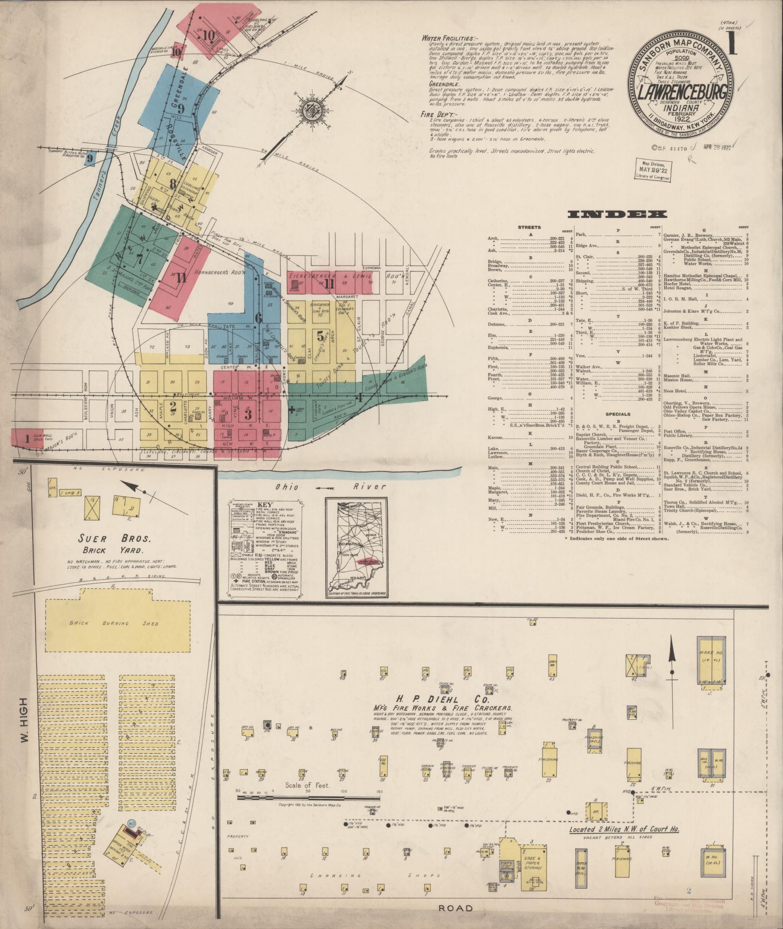 Sanborn Fire Insurance Map from Lawrenceburg, Dearborn County, Indiana (1922), Sheet #0001 - Complete Map Set gallery image, historic Sanborn map, vintage wall art, Indiana Indiana