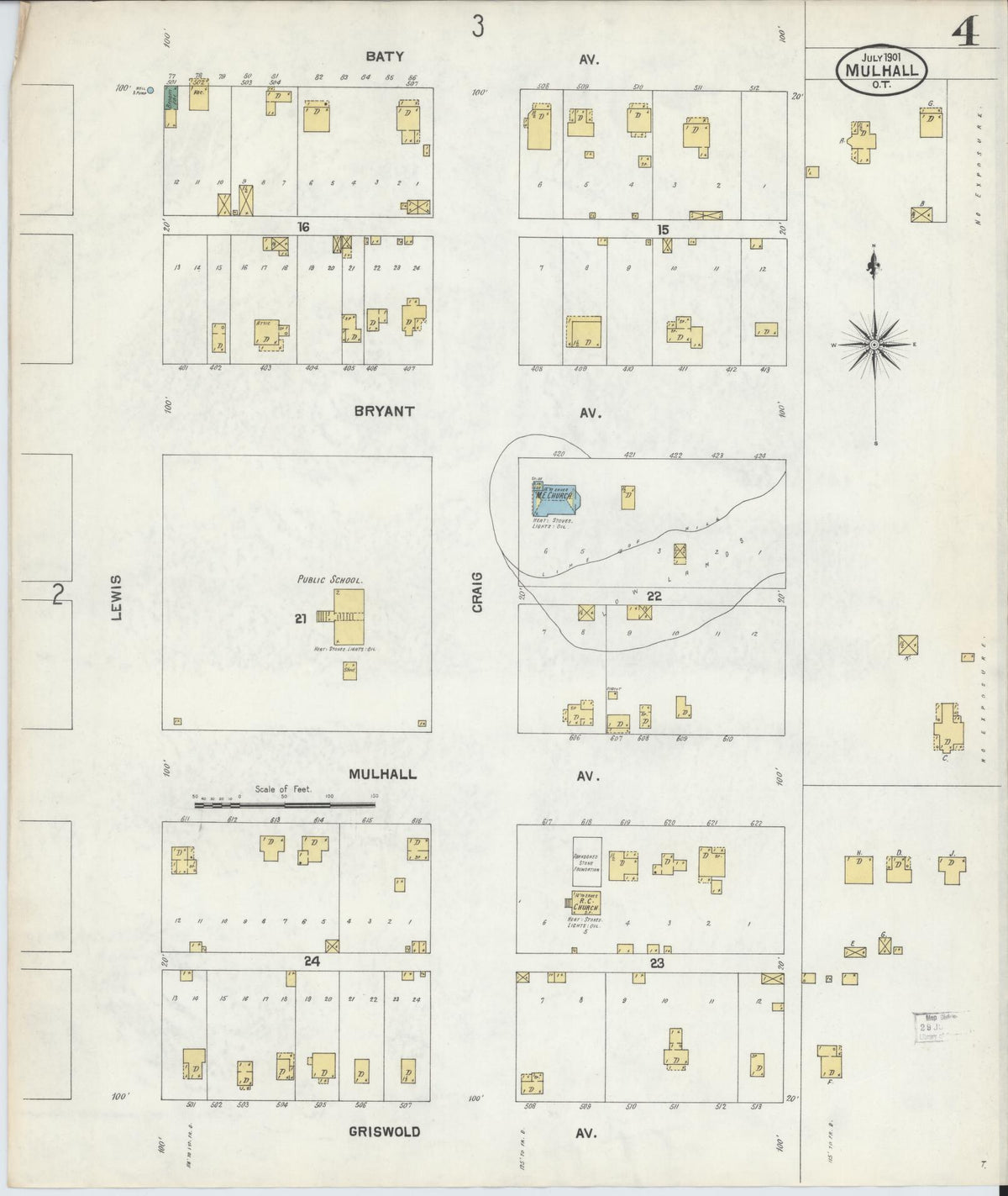 Sanborn Fire Insurance Map from Mulhall, Logan County, Oklahoma (1901), Sheet #0004 - Historic Sanborn Fire Insurance Map Print, vintage old map wall art, antique decor, genealogy gift, Oklahoma Oklahoma map