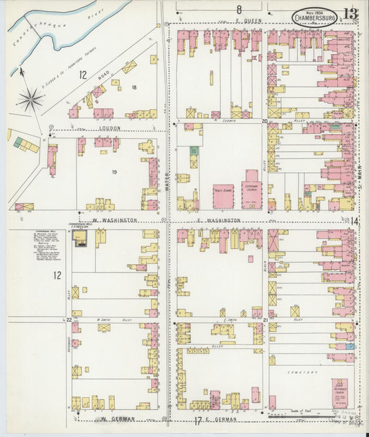 Sanborn Fire Insurance Map from Chambersburg, Franklin County, Pennsylvania (1904), Sheet #0013 - Historic Sanborn Fire Insurance Map Print, vintage old map wall art, antique decor, genealogy gift, Pennsylvania Pennsylvania map