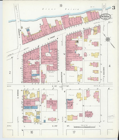 Sanborn Fire Insurance Map from Monroe, Monroe County, Michigan (1916), Sheet #0003 - Historic Sanborn Fire Insurance Map Print, vintage old map wall art, antique decor, genealogy gift, Michigan Michigan map