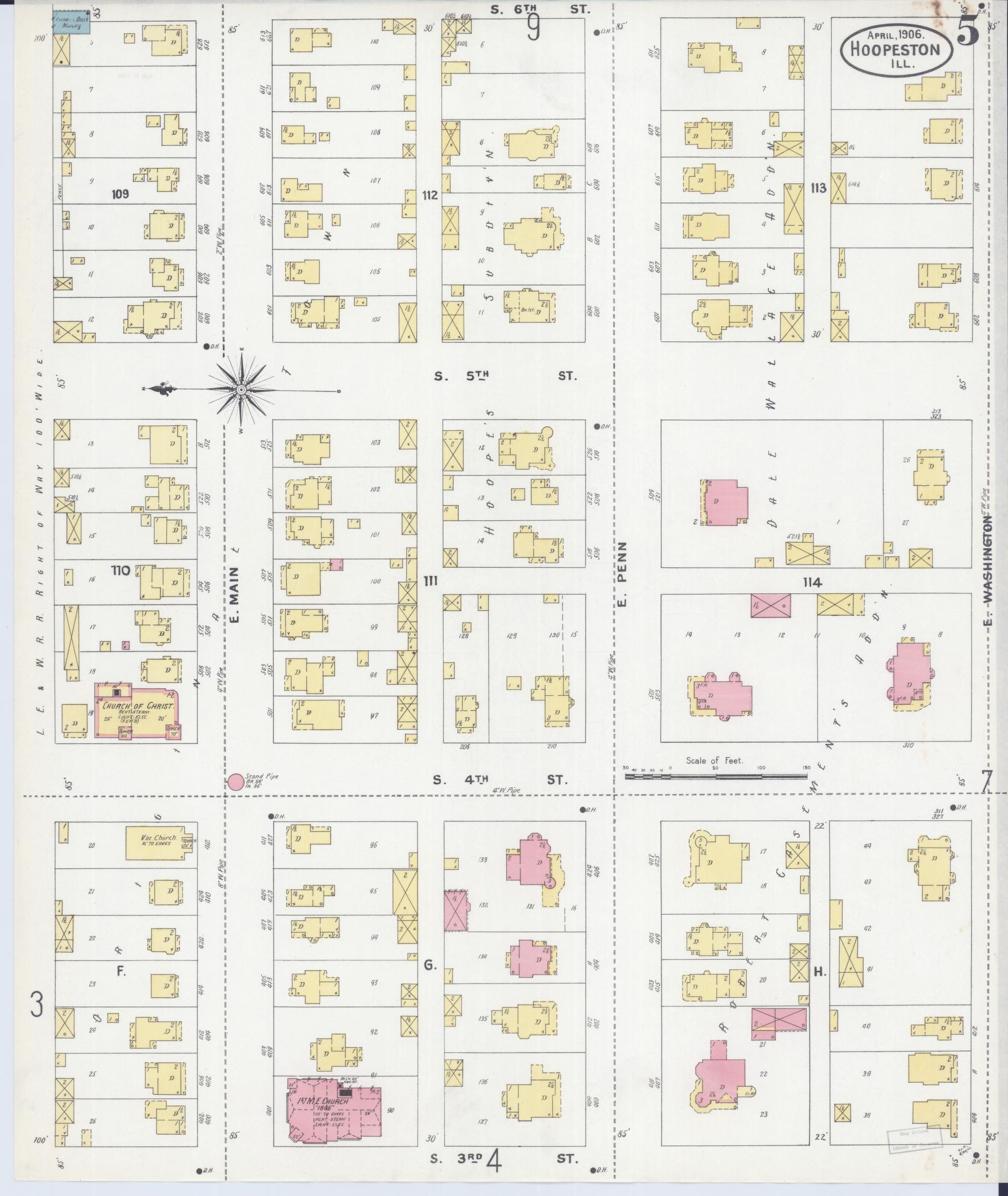 Sanborn Fire Insurance Map from Hoopeston, Vermilion County, Illinois (1906), Sheet #0005 - Historic Sanborn Fire Insurance Map Print, vintage old map wall art, antique decor, genealogy gift, Illinois Illinois map