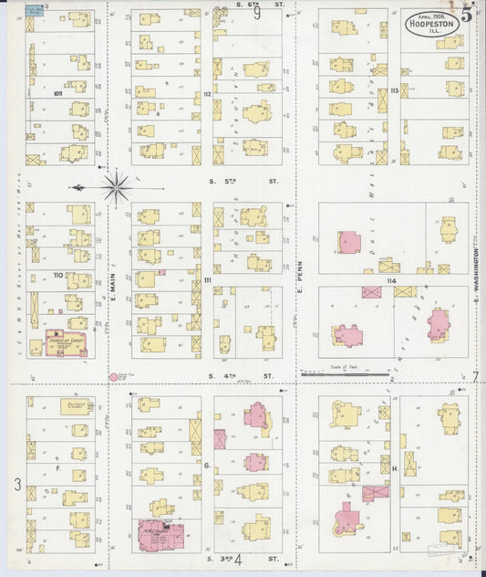 Sanborn Fire Insurance Map from Hoopeston, Vermilion County, Illinois (1906), Sheet #0005 - Historic Sanborn Fire Insurance Map Print, vintage old map wall art, antique decor, genealogy gift, Illinois Illinois map