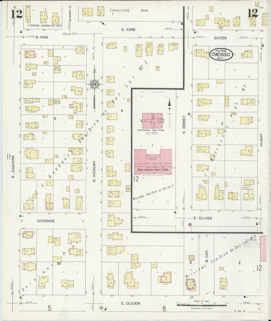 Sanborn Fire Insurance Map from Owosso, Shiawassee County, Michigan (1924), Sheet #0012 - Historic Sanborn Fire Insurance Map Print, vintage old map wall art, antique decor, genealogy gift, Michigan Michigan map
