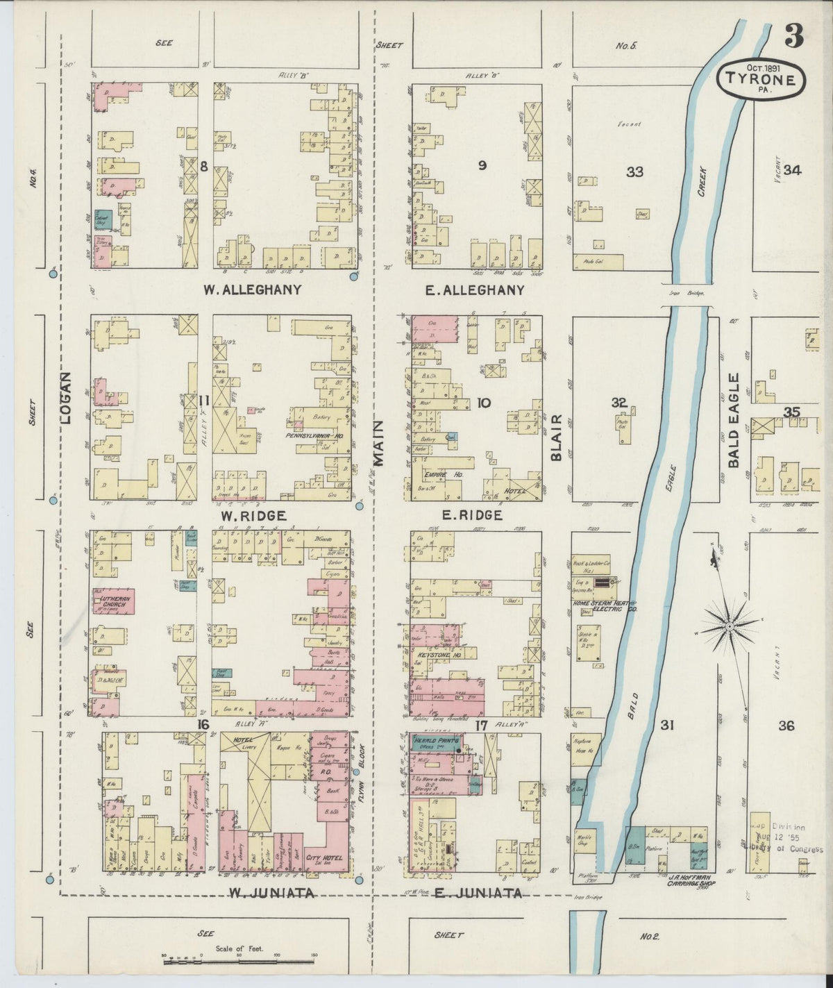 Sanborn Fire Insurance Map from Tyrone, Blair County, Pennsylvania (1891), Sheet #0003 - Historic Sanborn Fire Insurance Map Print, vintage old map wall art, antique decor, genealogy gift, Pennsylvania Pennsylvania map
