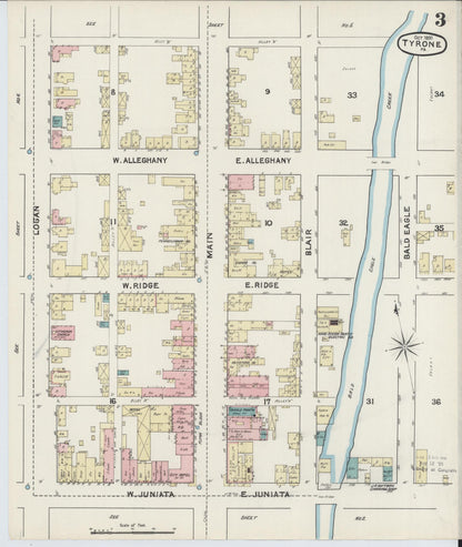 Sanborn Fire Insurance Map from Tyrone, Blair County, Pennsylvania (1891), Sheet #0003 - Historic Sanborn Fire Insurance Map Print, vintage old map wall art, antique decor, genealogy gift, Pennsylvania Pennsylvania map