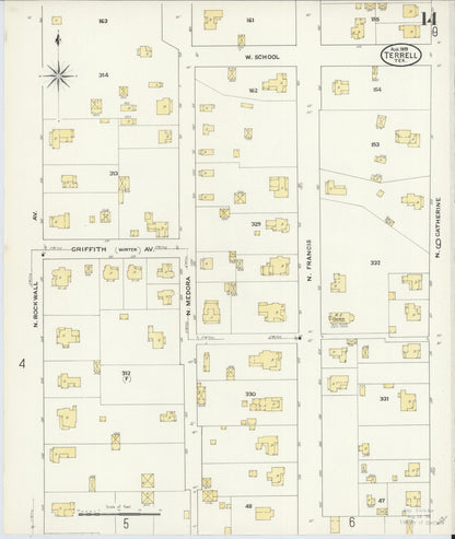 Sanborn Fire Insurance Map from Terrell, Kaufman County, Texas (1909), Sheet #0014 - Complete Map Set gallery image, historic Sanborn map, vintage wall art, Texas Texas