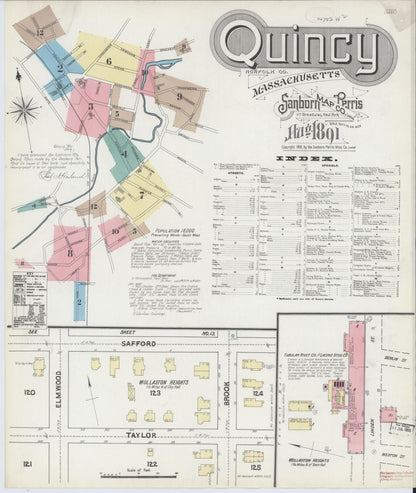 Sanborn Fire Insurance Map from Quincy, Norfolk County, Massachusetts (1891), Sheet #0001 - Complete Map Set gallery image, historic Sanborn map, vintage wall art, Massachusetts Massachusetts