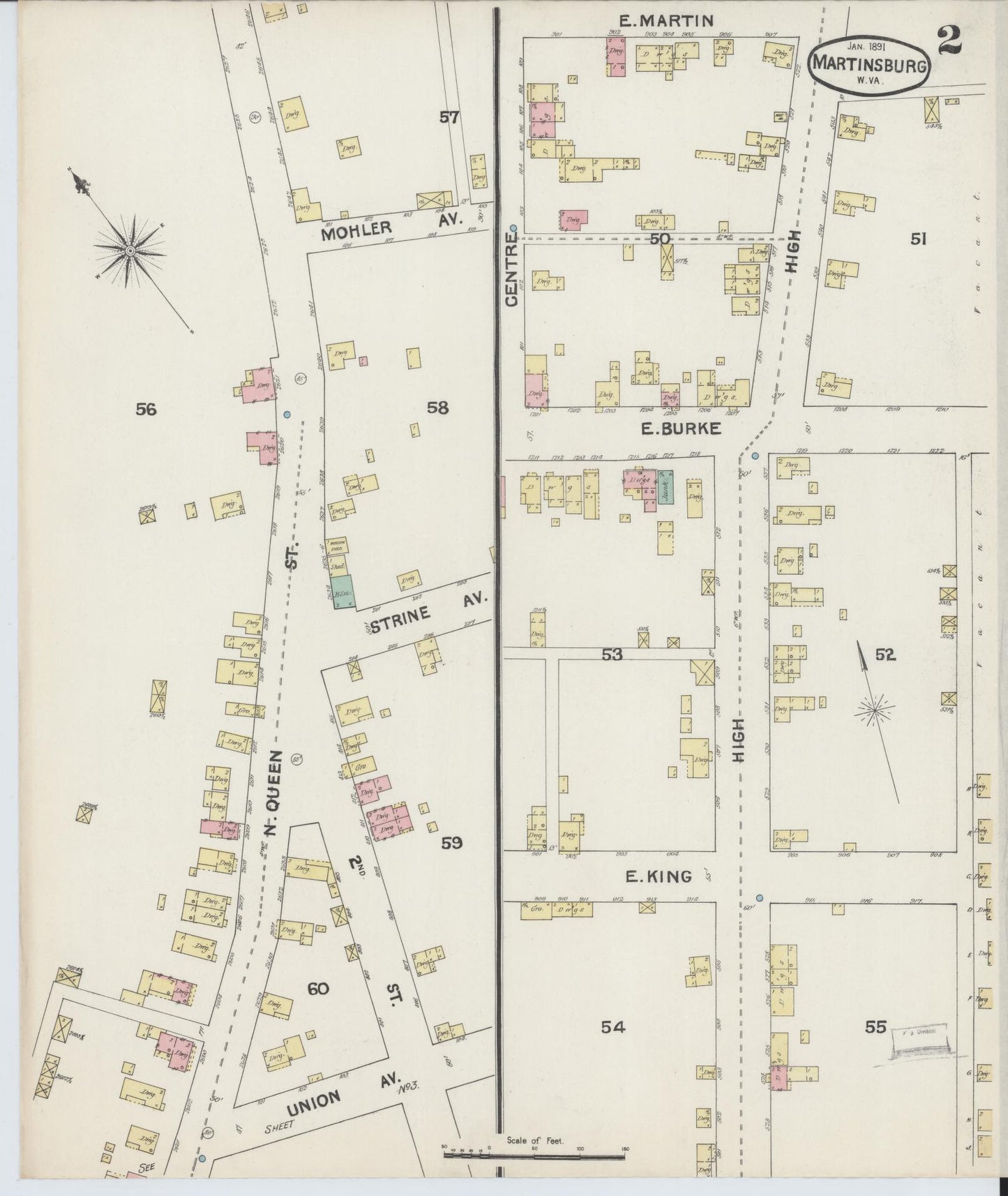 Sanborn Fire Insurance Map from Martinsburg, Berkeley County, West Virginia (1891), Sheet #0002 - Complete Map Set gallery image, historic Sanborn map, vintage wall art, West Virginia West Virginia