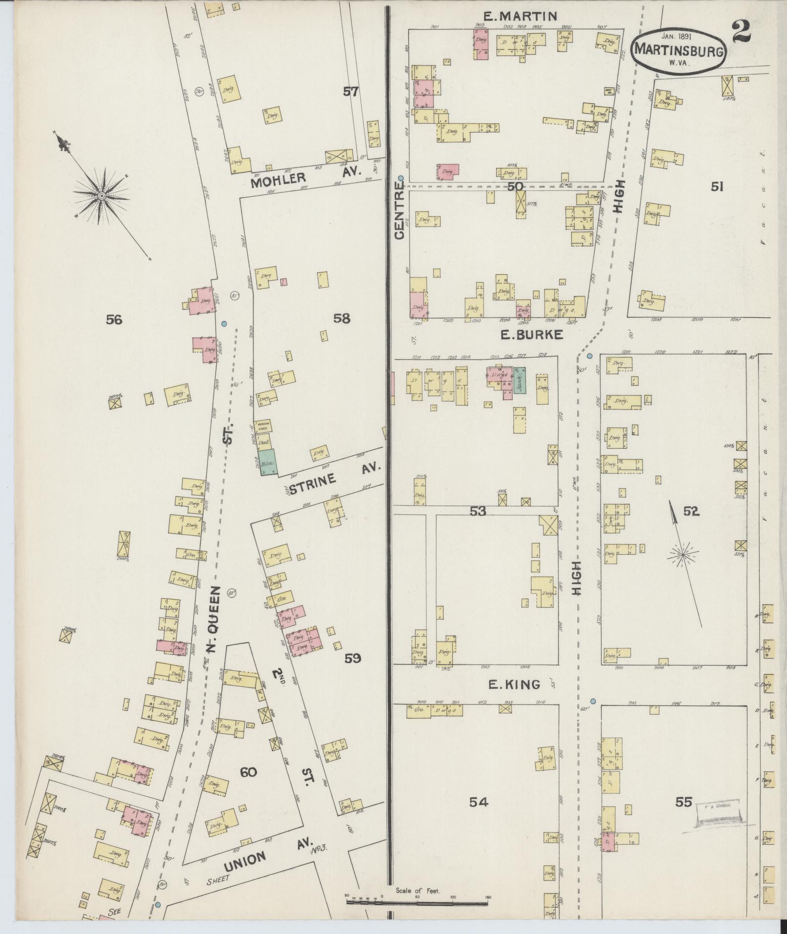 Sanborn Fire Insurance Map from Martinsburg, Berkeley County, West Virginia (1891), Sheet #0002 - Complete Map Set gallery image, historic Sanborn map, vintage wall art, West Virginia West Virginia