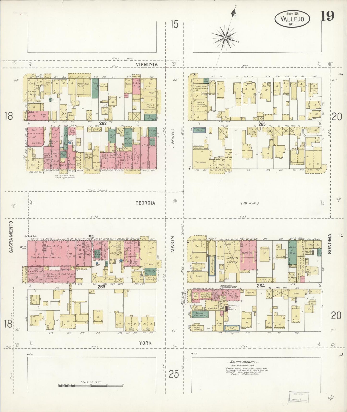 Sanborn Fire Insurance Map from Vallejo, Solano County, California (1901), Sheet #0019 - Complete Map Set gallery image, historic Sanborn map, vintage wall art, California California
