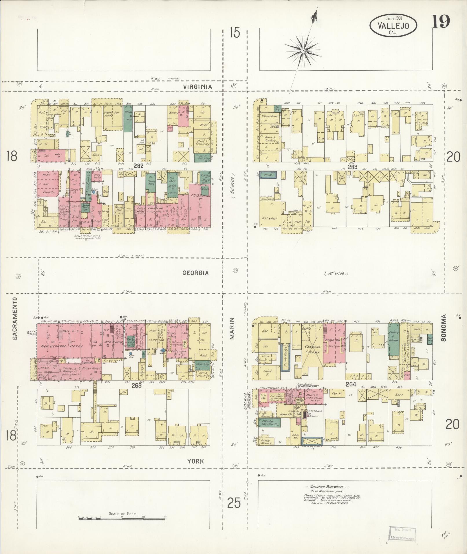 Sanborn Fire Insurance Map from Vallejo, Solano County, California (1901), Sheet #0019 - Complete Map Set gallery image, historic Sanborn map, vintage wall art, California California