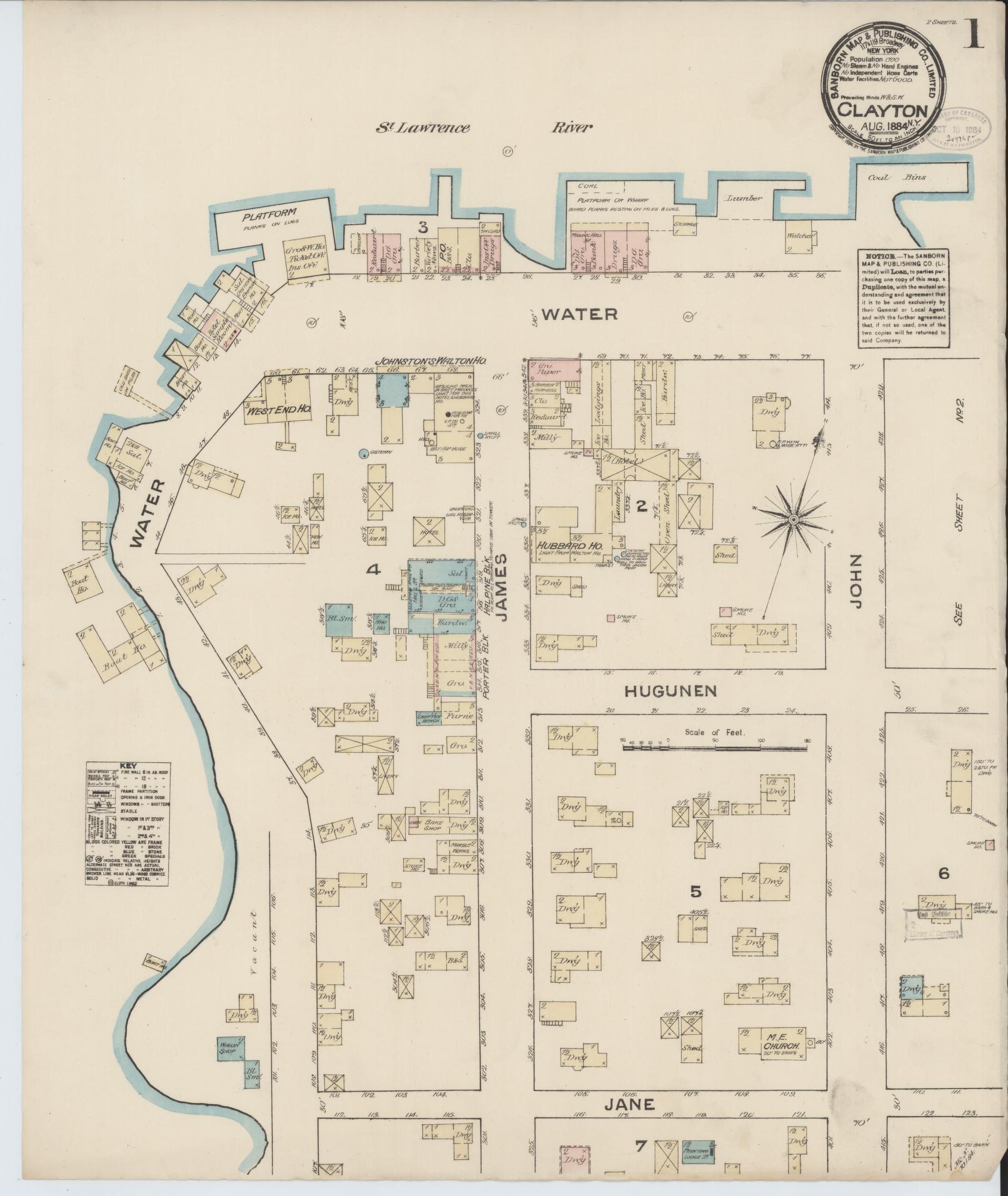 Sanborn Fire Insurance Map from Clayton, Jefferson County, New York. (1884) – Historic Sanborn Fire Insurance Map Print