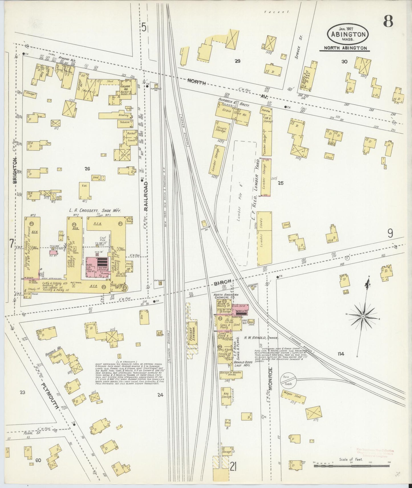 Sanborn Fire Insurance Map from Abington, Plymouth County, Massachusetts (1907), Sheet #0008 - Complete Map Set gallery image, historic Sanborn map, vintage wall art, Massachusetts Massachusetts