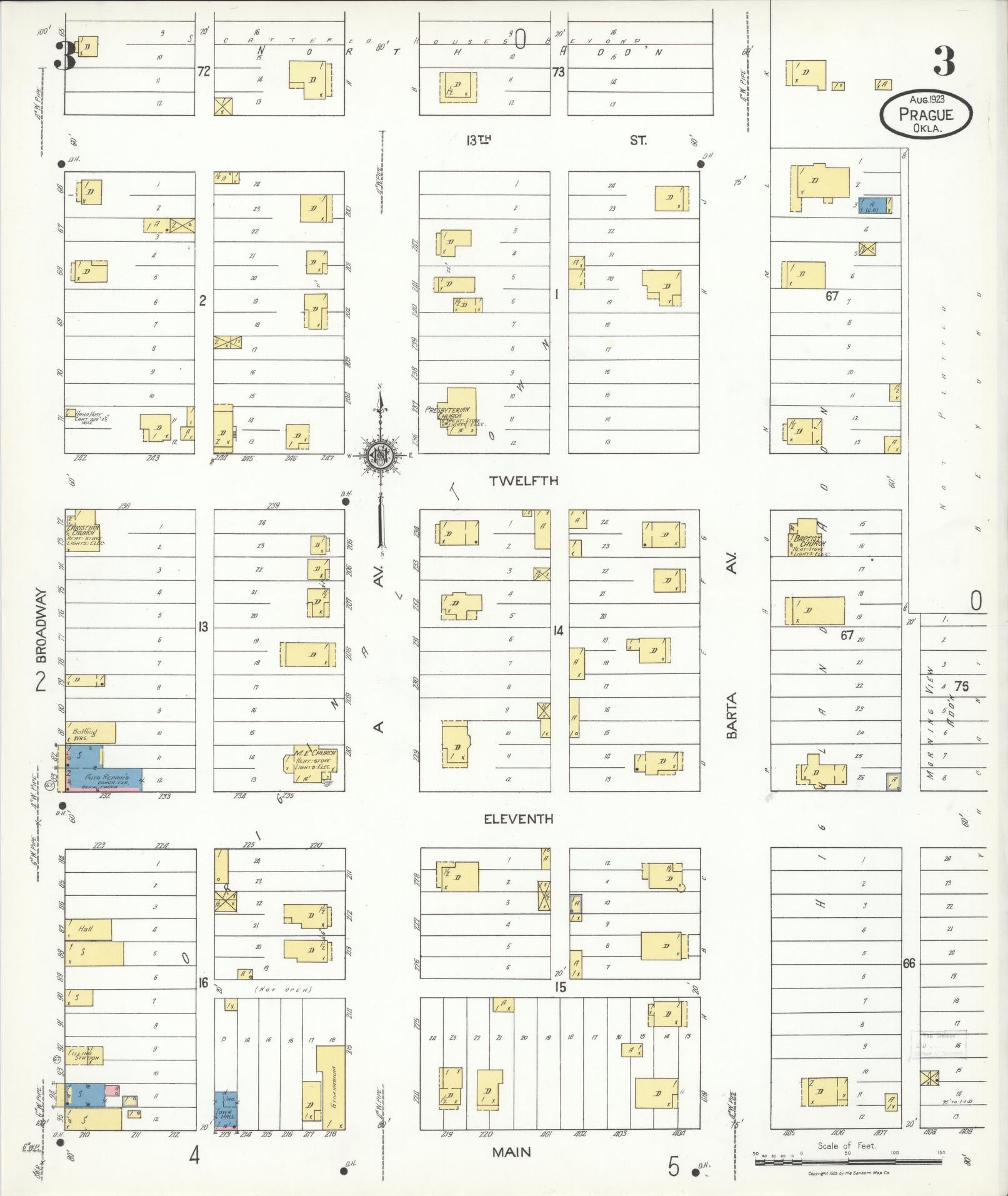 Sanborn Fire Insurance Map from Prague, Lincoln County, Oklahoma (1923), Sheet #0003 - Complete Map Set gallery image, historic Sanborn map, vintage wall art, Oklahoma Oklahoma