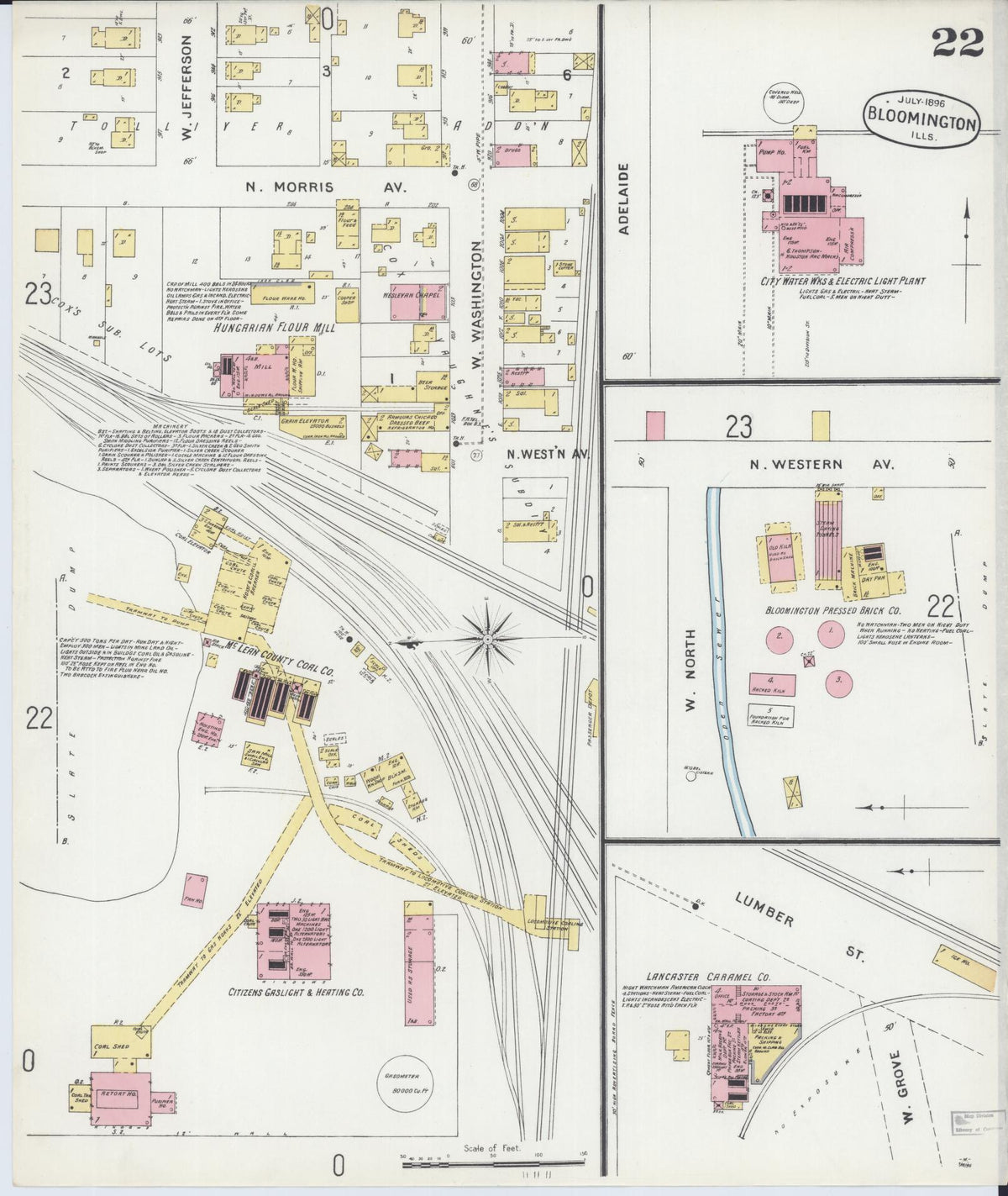 Sanborn Fire Insurance Map from Bloomington, McLean County, Illinois (1896), Sheet #0022 - Historic Sanborn Fire Insurance Map Print, vintage old map wall art, antique decor, genealogy gift, Illinois Illinois map