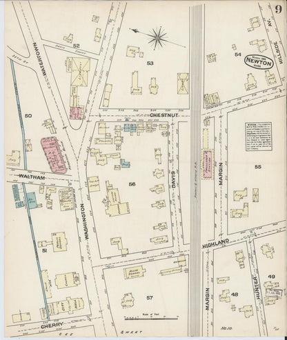Sanborn Fire Insurance Map from Newton, Middlesex County, Massachusetts (1884), Sheet #0009 - Historic Sanborn Fire Insurance Map Print, vintage old map wall art, antique decor, genealogy gift, Massachusetts Massachusetts map
