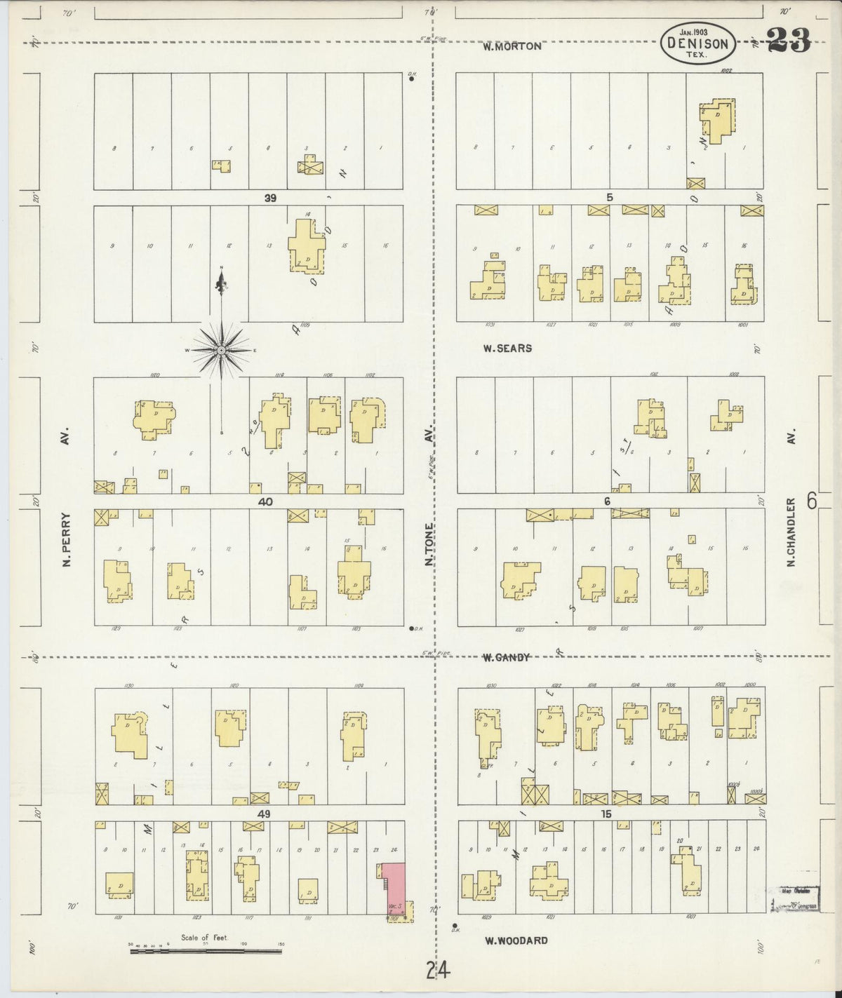 Sanborn Fire Insurance Map from Denison, Grayson County, Texas (1903), Sheet #0023 - Historic Sanborn Fire Insurance Map Print, vintage old map wall art, antique decor, genealogy gift, Texas Texas map