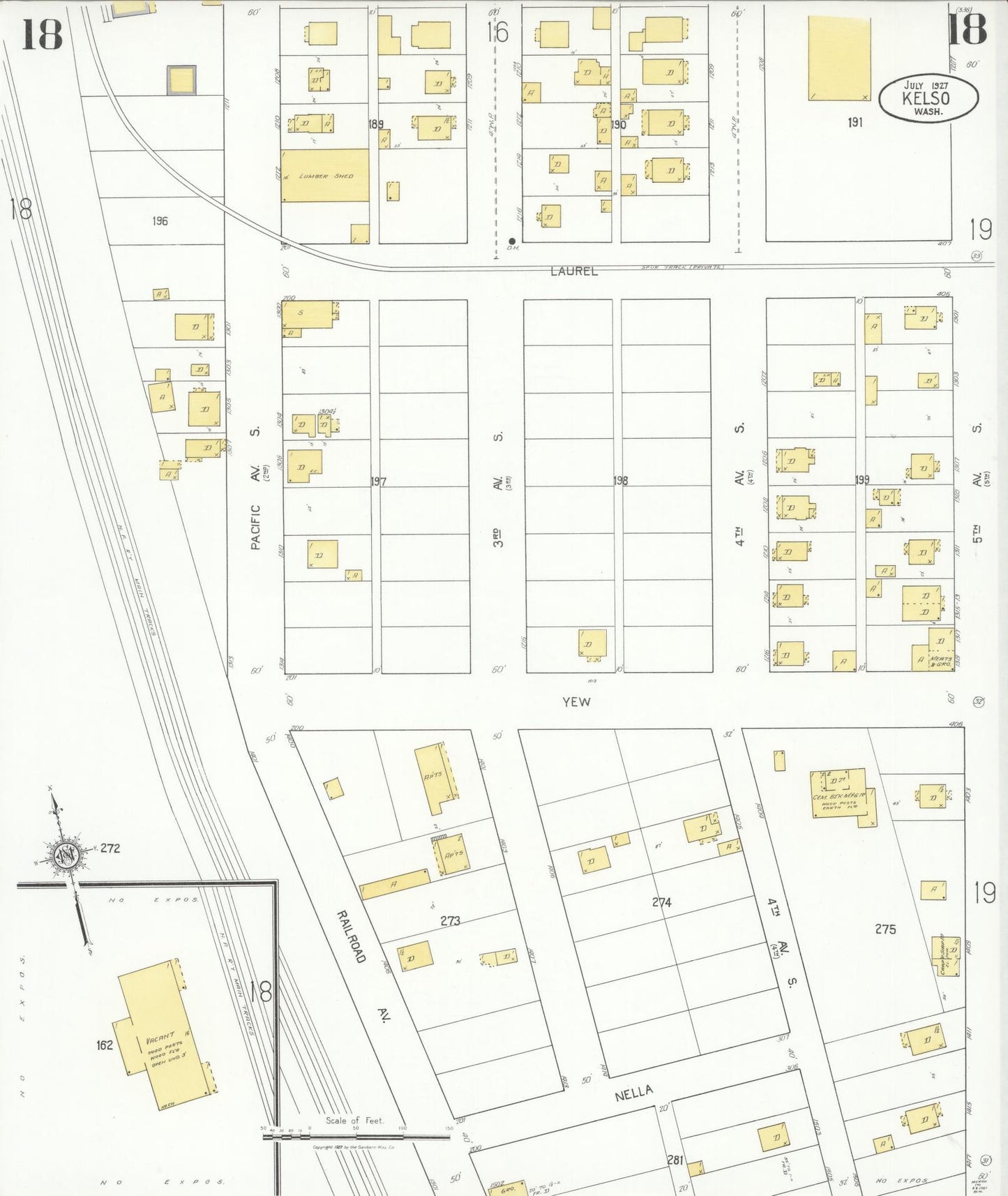 Sanborn Fire Insurance Map from Kelso, Cowlitz County, Washington (1927), Sheet #0018 - Complete Map Set gallery image, historic Sanborn map, vintage wall art, Washington Washington