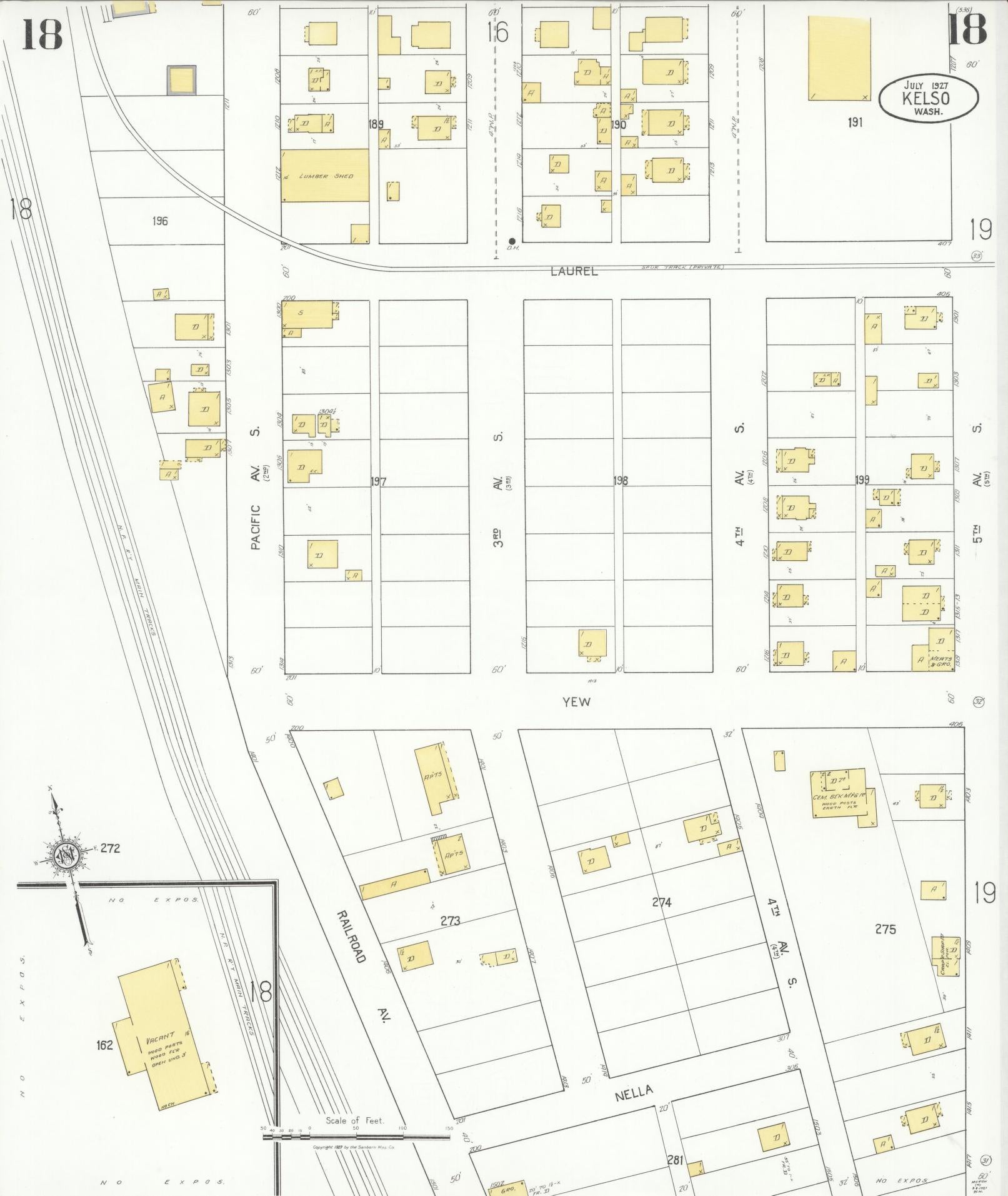 Sanborn Fire Insurance Map from Kelso, Cowlitz County, Washington (1927), Sheet #0018 - Complete Map Set gallery image, historic Sanborn map, vintage wall art, Washington Washington