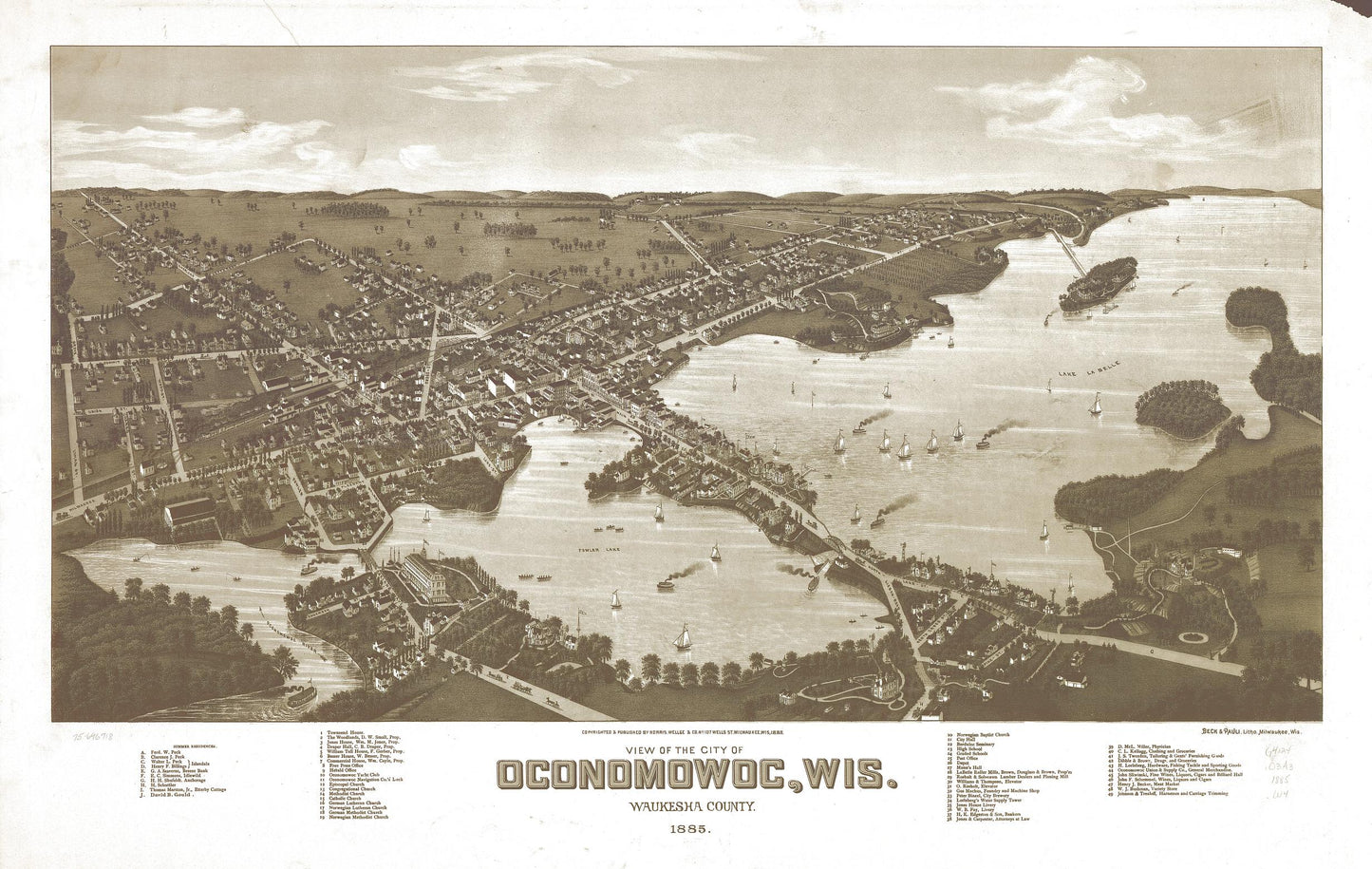 View of the city of Oconomowoc, Wis. Waukesha County 1885. (1885) – Historic Bird’s-Eye View Panorama Print