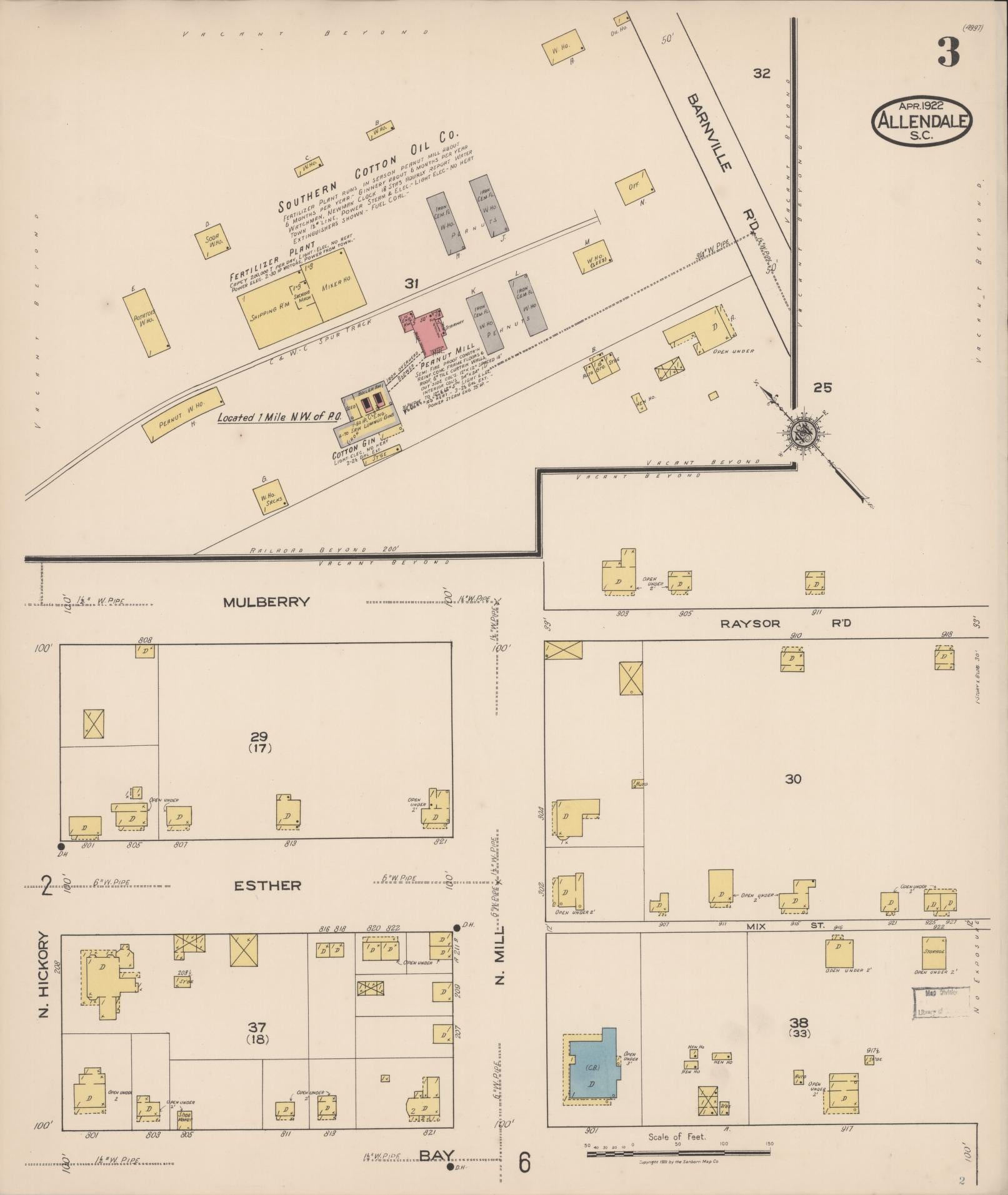 Sanborn Fire Insurance Map from Allendale, Allendale County, South Carolina (1922), Sheet #0003 - Historic Sanborn Fire Insurance Map Print, vintage old map wall art, antique decor, genealogy gift, South Carolina South Carolina map