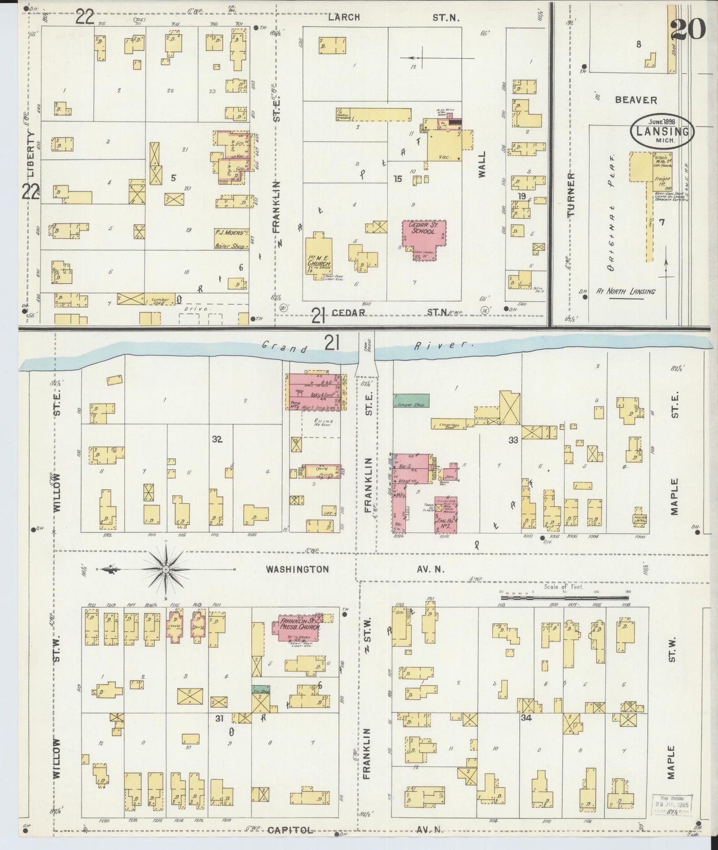 Sanborn Fire Insurance Map from Lansing, Ingham County, Michigan (1898), Sheet #0020 - Complete Map Set gallery image, historic Sanborn map, vintage wall art, Michigan Michigan