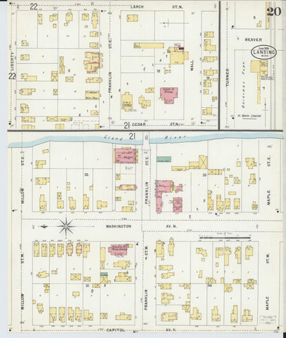 Sanborn Fire Insurance Map from Lansing, Ingham County, Michigan (1898), Sheet #0020 - Complete Map Set gallery image, historic Sanborn map, vintage wall art, Michigan Michigan