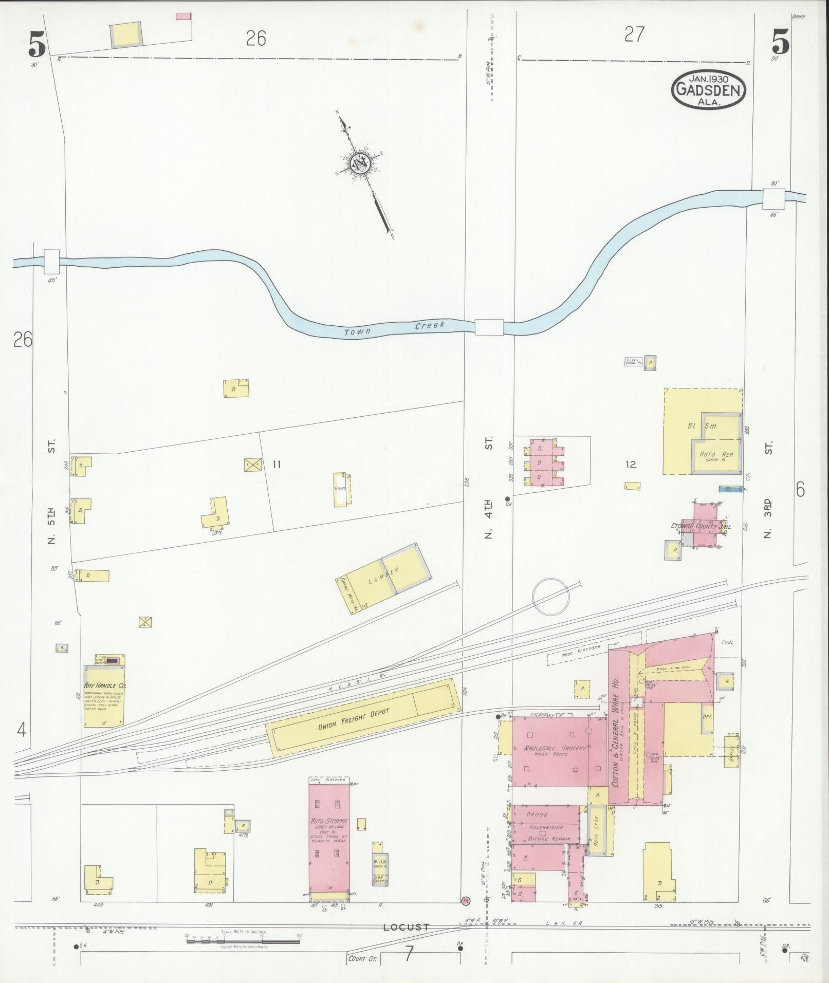Sanborn Fire Insurance Map from Gadsden, Etowah County, Alabama (1930), Sheet #0005 - Complete Map Set gallery image, historic Sanborn map, vintage wall art, Alabama Alabama