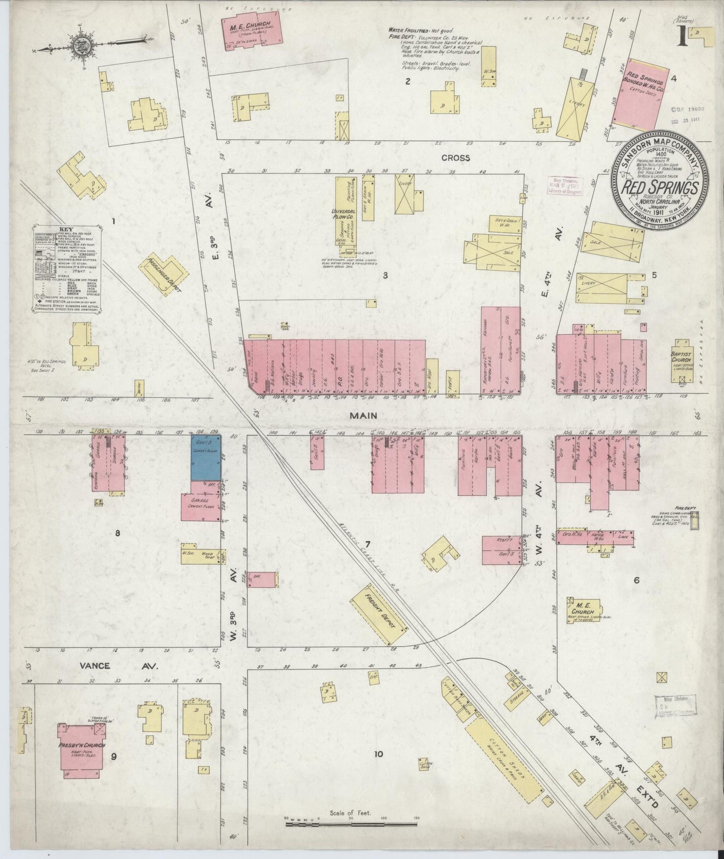 Sanborn Fire Insurance Map from Red Springs, Robeson County, North Carolina (1911), Sheet #0001 - Complete Map Set gallery image, historic Sanborn map, vintage wall art, North Carolina North Carolina