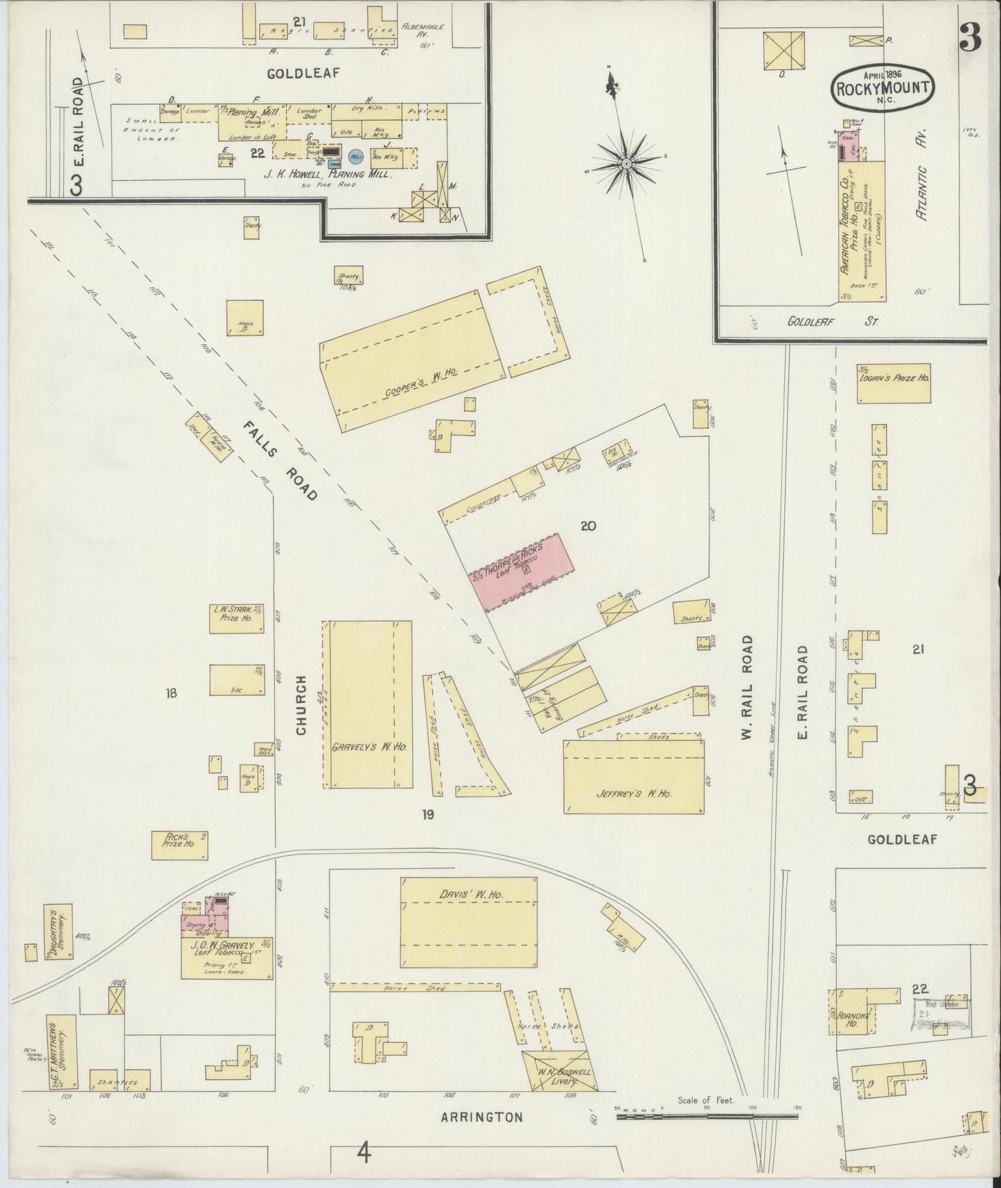 Sanborn Fire Insurance Map from Rocky Mount, Edgecombe And Nash Counties, North Carolina (1896), Sheet #0003 - Historic Sanborn Fire Insurance Map Print, vintage old map wall art, antique decor, genealogy gift, North Carolina North Carolina map