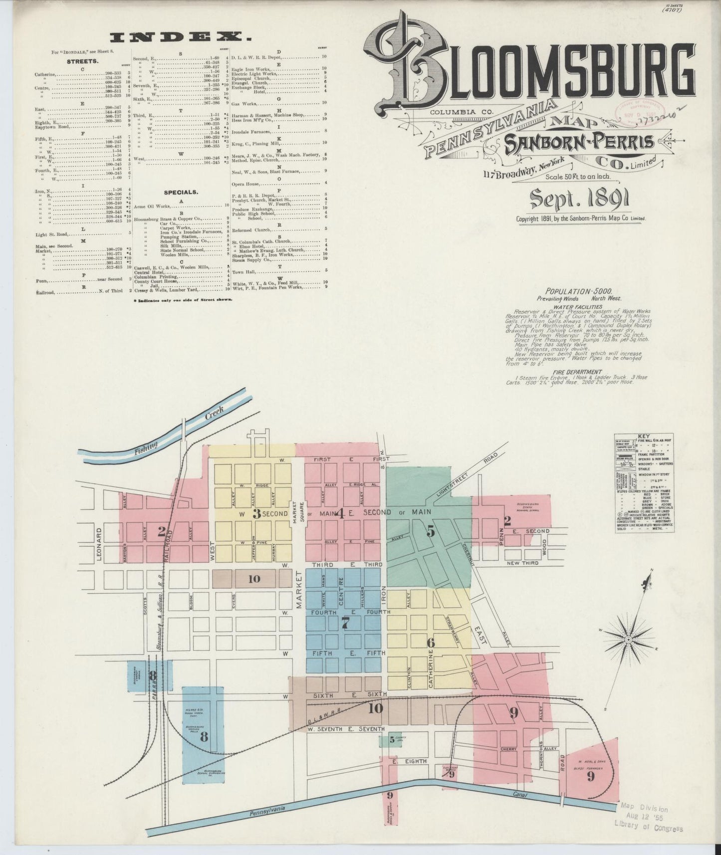 Sanborn Fire Insurance Map from Bloomsburg, Columbia County, Pennsylvania (1891), Sheet #0001 - Historic Sanborn Fire Insurance Map Print, vintage old map wall art, antique decor, genealogy gift, Pennsylvania Pennsylvania map
