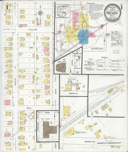 Sanborn Fire Insurance Map from Bremen, Fairfield County, Ohio (1926), Sheet #0001 - Historic Sanborn Fire Insurance Map Print, vintage old map wall art, antique decor, genealogy gift, Ohio Ohio map