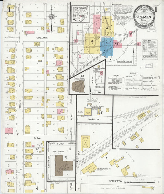 Sanborn Fire Insurance Map from Bremen, Fairfield County, Ohio (1926), Sheet #0001 - Historic Sanborn Fire Insurance Map Print, vintage old map wall art, antique decor, genealogy gift, Ohio Ohio map