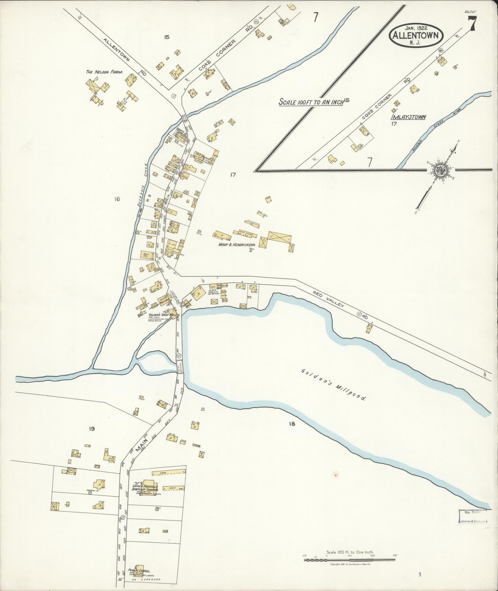 Sanborn Fire Insurance Map from Allentown, Monmouth County, New Jersey (1922), Sheet #0007 - Historic Sanborn Fire Insurance Map Print, vintage old map wall art, antique decor, genealogy gift, New Jersey New Jersey map