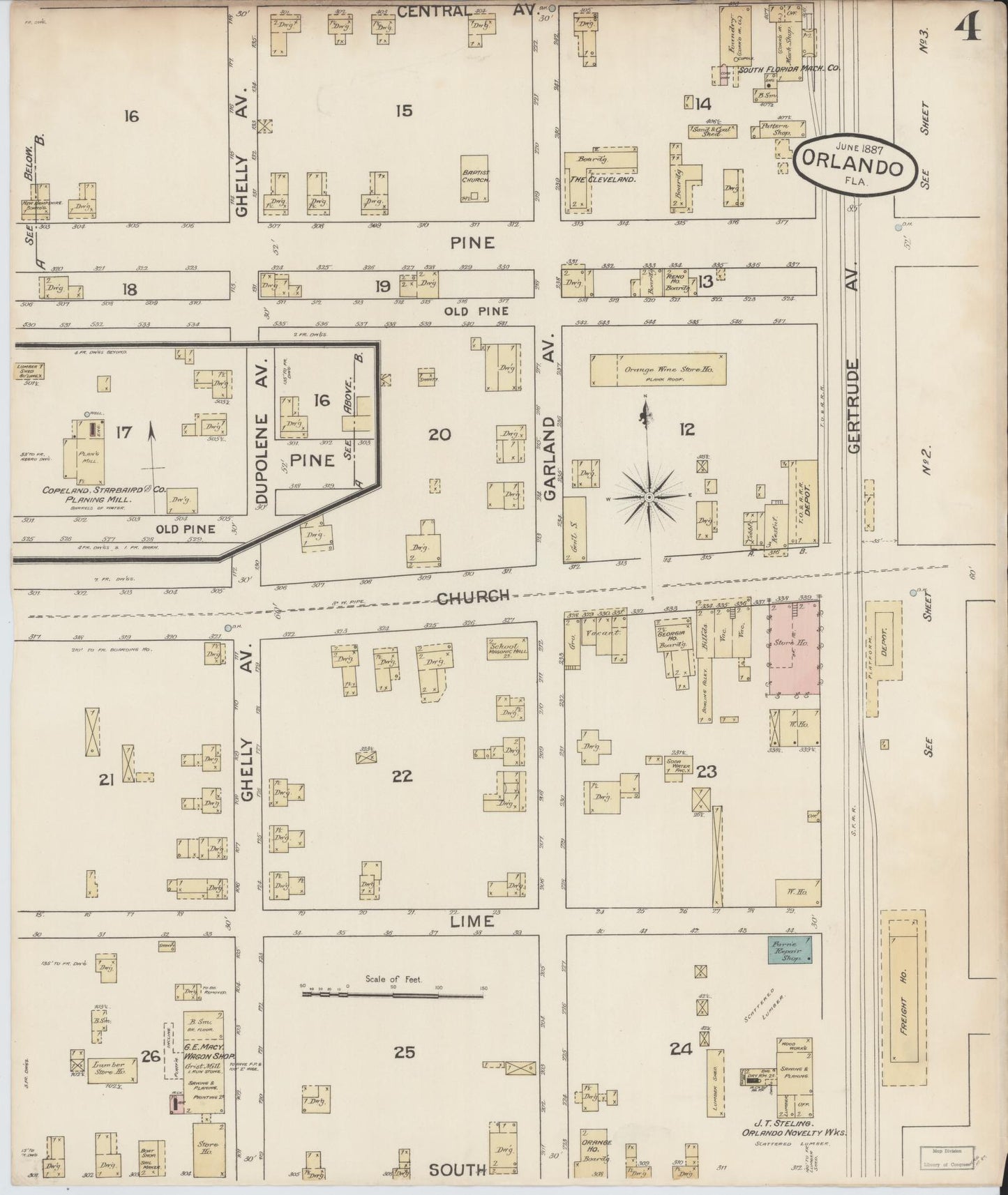 Sanborn Fire Insurance Map from Orlando, Orange County, Florida (1887), Sheet #0004 - Historic Sanborn Fire Insurance Map Print, vintage old map wall art, antique decor, genealogy gift, Florida Florida map