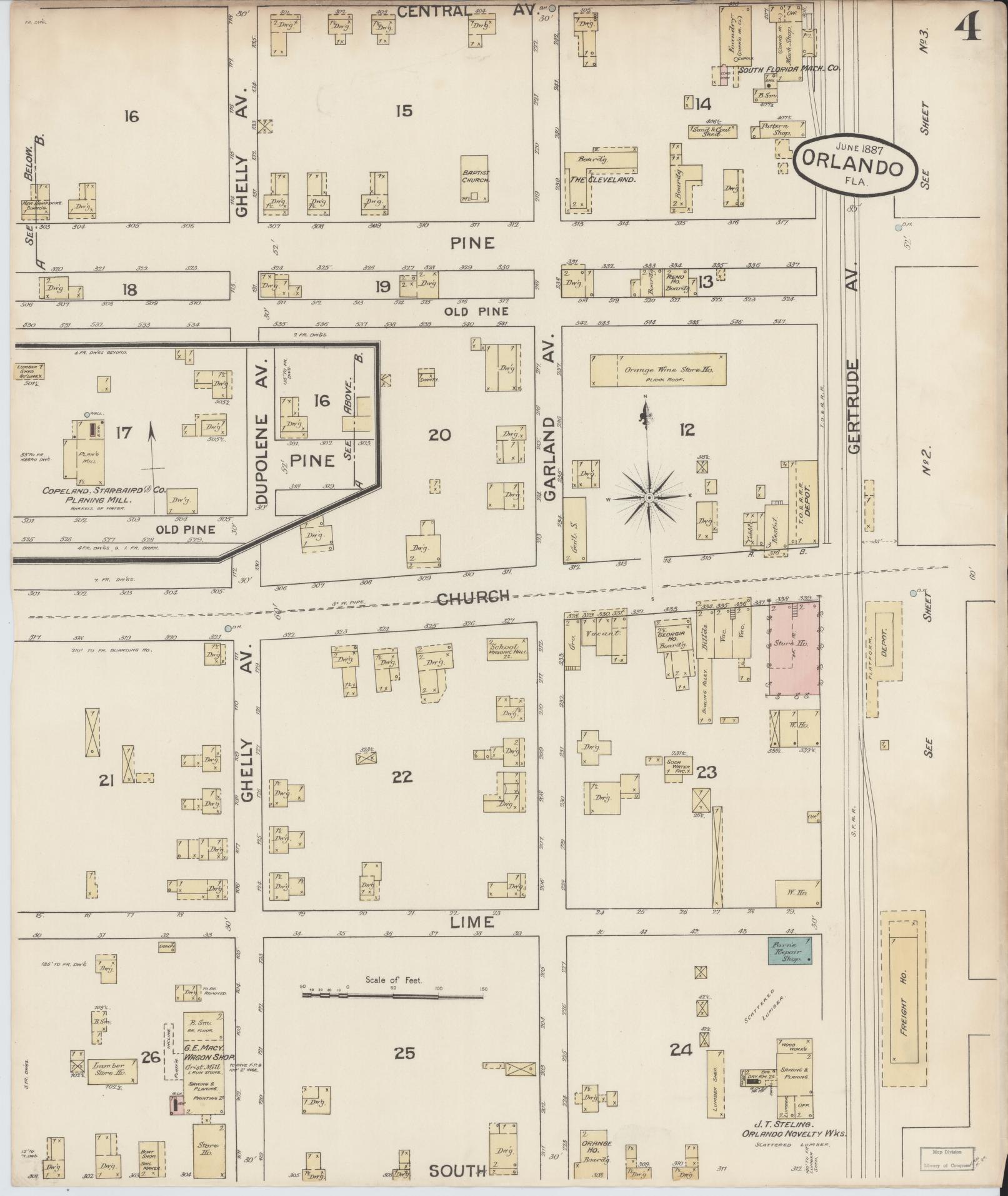 Sanborn Fire Insurance Map from Orlando, Orange County, Florida (1887), Sheet #0004 - Historic Sanborn Fire Insurance Map Print, vintage old map wall art, antique decor, genealogy gift, Florida Florida map