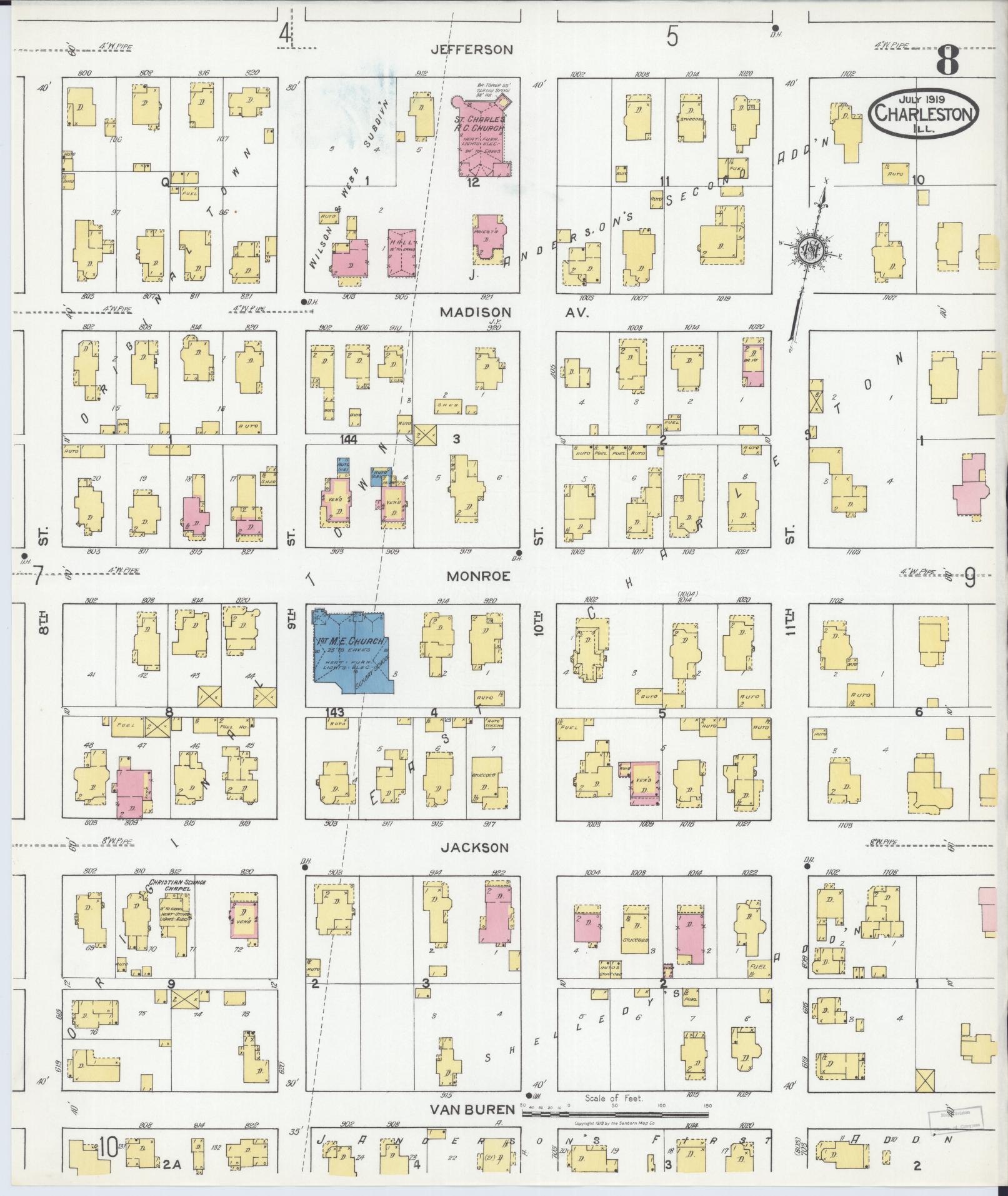 Sanborn Fire Insurance Map from Charleston, Coles County, Illinois (1919), Sheet #0008 - Complete Map Set gallery image, historic Sanborn map, vintage wall art, Illinois Illinois