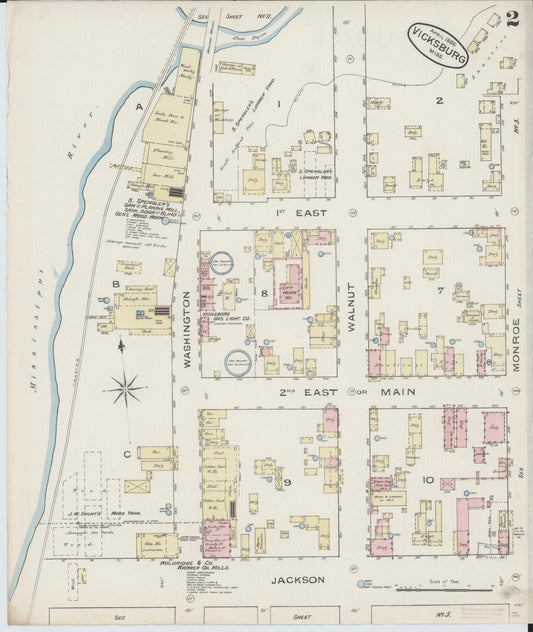 Sanborn Fire Insurance Map from Vicksburg, Warren County, Mississippi (1886), Sheet #0002 - Historic Sanborn Fire Insurance Map Print, vintage old map wall art, antique decor, genealogy gift, Mississippi Mississippi map