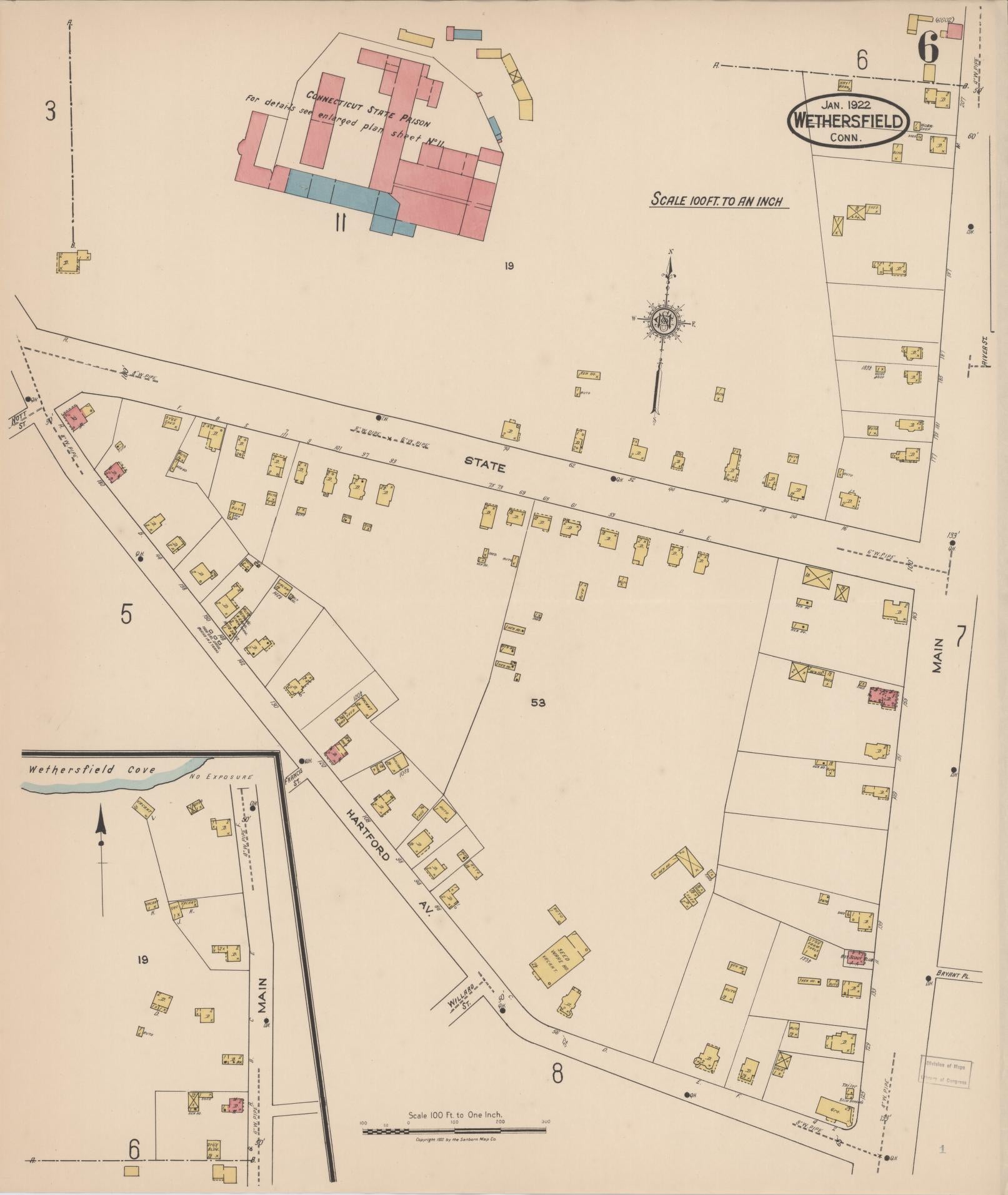 Sanborn Fire Insurance Map from Wethersfield, Hartford County, Connecticut (1922), Sheet #0006 - Historic Sanborn Fire Insurance Map Print, vintage old map wall art, antique decor, genealogy gift, Connecticut Connecticut map