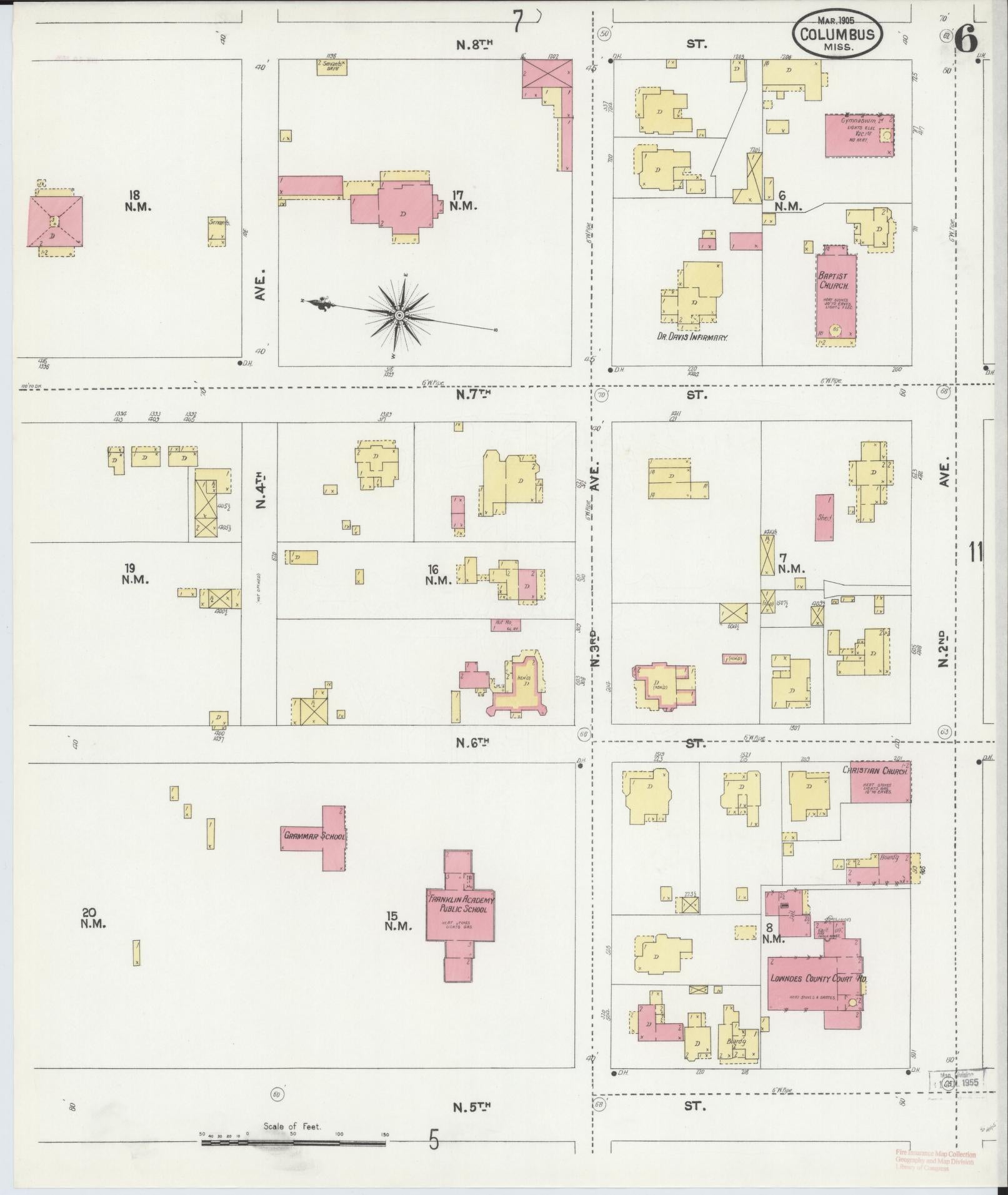 Sanborn Fire Insurance Map from Columbus, Lowndes County, Mississippi (1905), Sheet #0006 - Complete Map Set gallery image, historic Sanborn map, vintage wall art, Mississippi Mississippi
