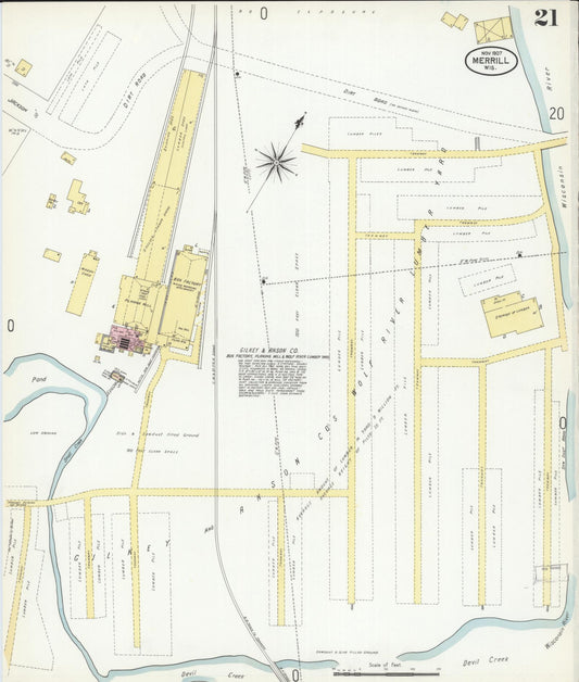 Sanborn Fire Insurance Map from Merrill, Lincoln County, Wisconsin (1907), Sheet #0021 - Historic Sanborn Fire Insurance Map Print, vintage old map wall art, antique decor, genealogy gift, Wisconsin Wisconsin map
