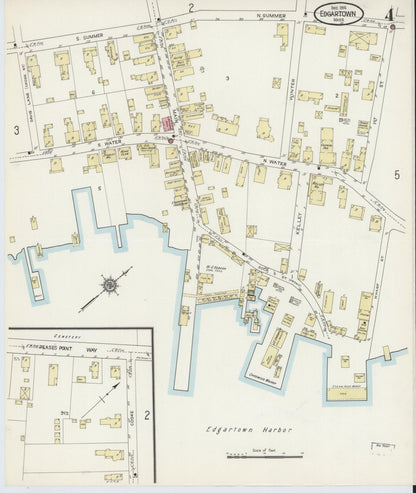 Sanborn Fire Insurance Map from Edgartown, Dukes County, Massachusetts (1914), Sheet #0004 - Historic Sanborn Fire Insurance Map Print, vintage old map wall art, antique decor, genealogy gift, Massachusetts Massachusetts map