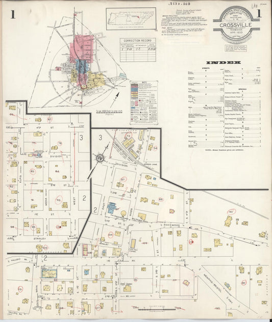 Sanborn Fire Insurance Map from Crossville, Cumberland County, Tennessee (1942), Sheet #0001 - Historic Sanborn Fire Insurance Map Print, vintage old map wall art, antique decor, genealogy gift, Tennessee Tennessee map