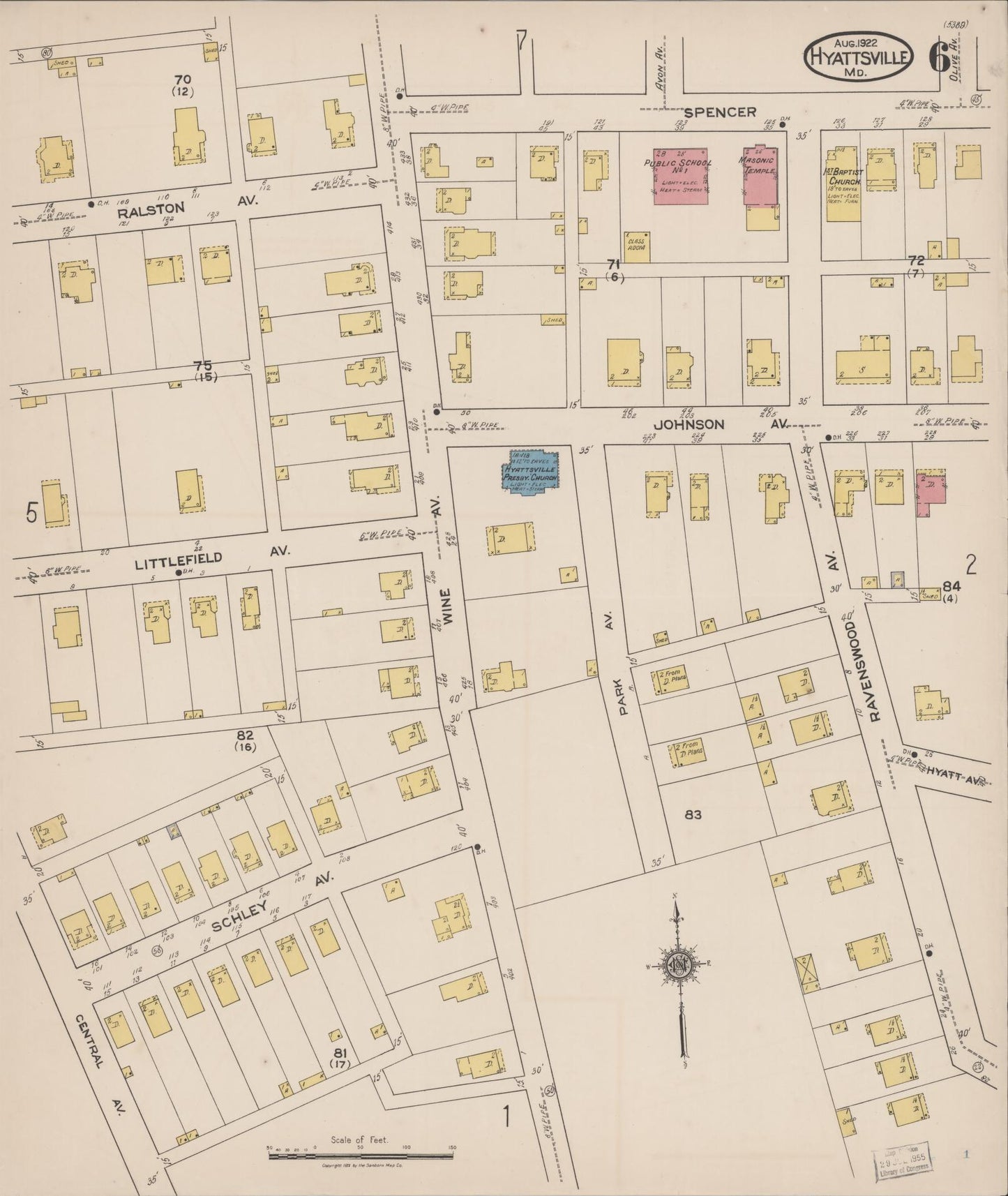 Sanborn Fire Insurance Map from Hyattsville, Prince Georges County, Maryland (1922), Sheet #0006 - Historic Sanborn Fire Insurance Map Print, vintage old map wall art