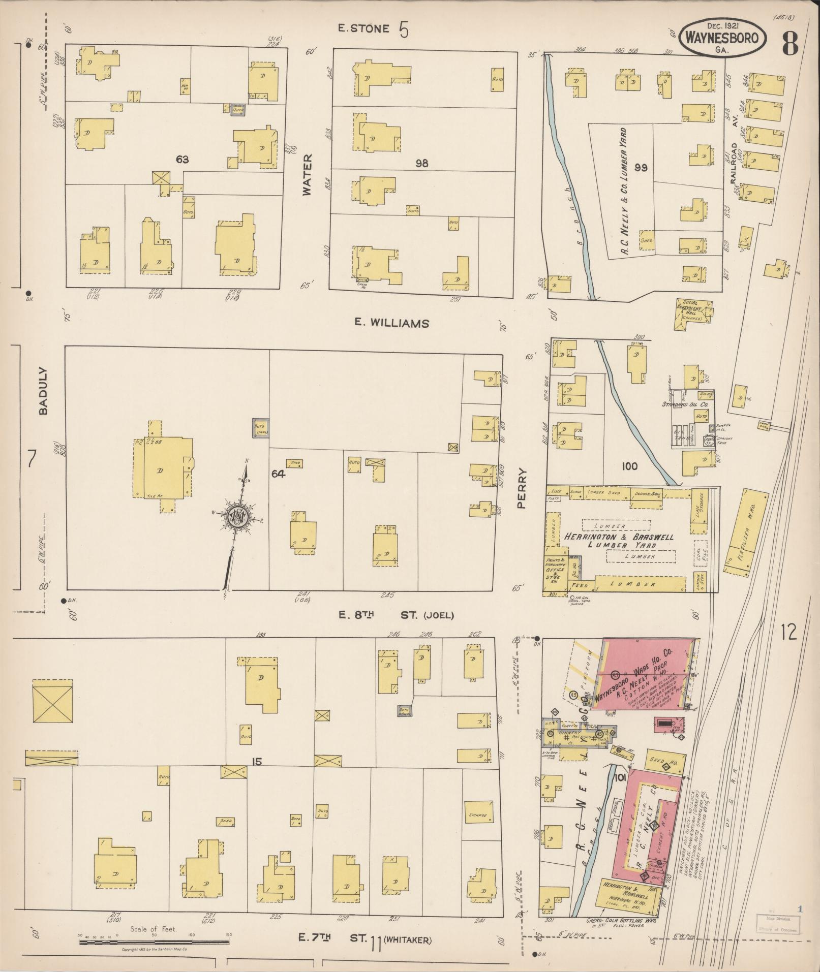 Sanborn Fire Insurance Map from Waynesboro, Burke County, Georgia (1921), Sheet #0008 - Historic Sanborn Fire Insurance Map Print, vintage old map wall art, antique decor, genealogy gift, Georgia Georgia map