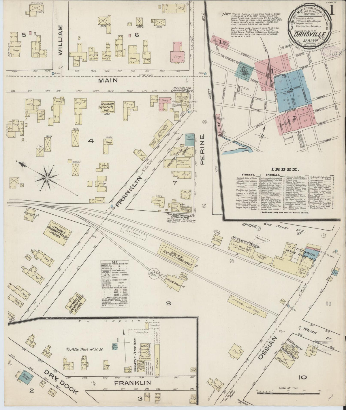 Sanborn Fire Insurance Map from Dansville, Livingston County, New York (1886), Sheet #0001 - Historic Sanborn Fire Insurance Map Print, vintage old map wall art, antique decor, genealogy gift, New York New York map